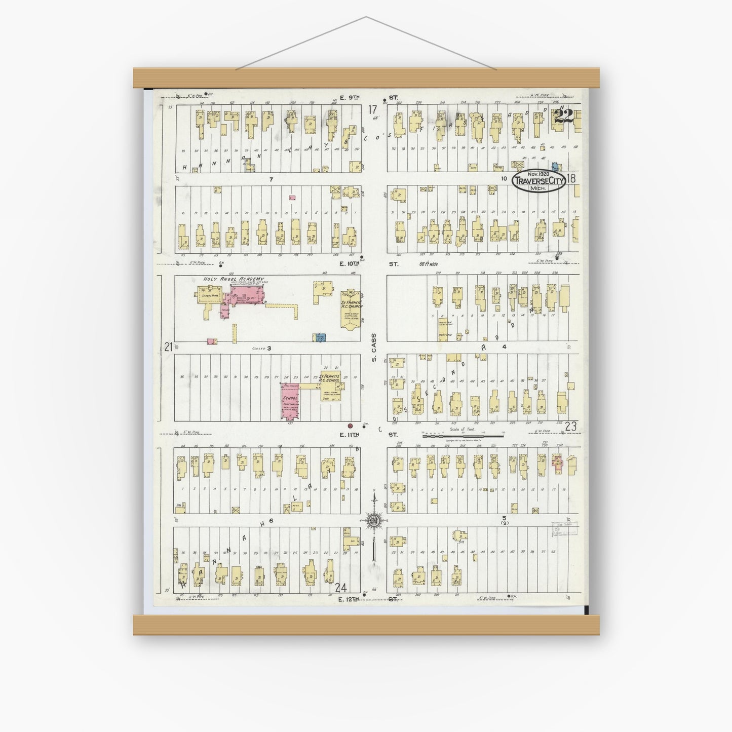 Old map wall art mockup — magnetic wood frame on white wall — Sanborn Fire Insurance Map from Traverse City, Grand Traverse County, Michigan (1920), Sheet #0022