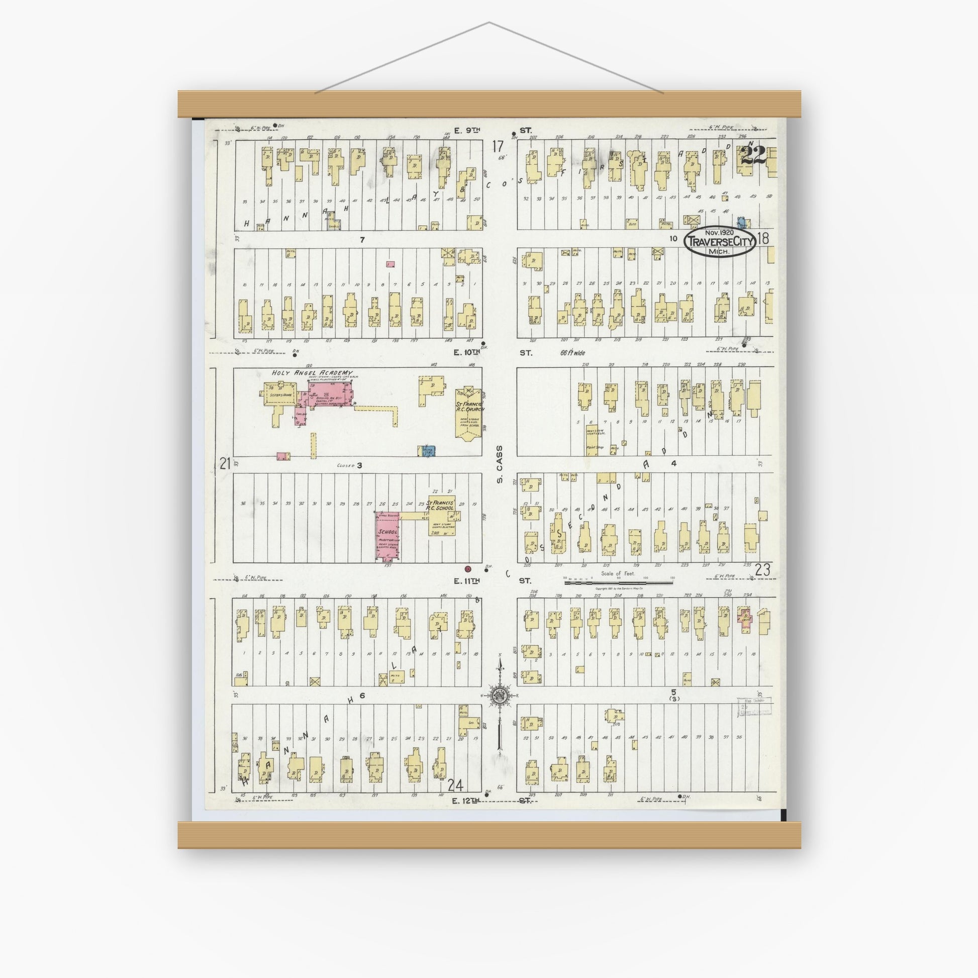 Old map wall art mockup — magnetic wood frame on white wall — Sanborn Fire Insurance Map from Traverse City, Grand Traverse County, Michigan (1920), Sheet #0022