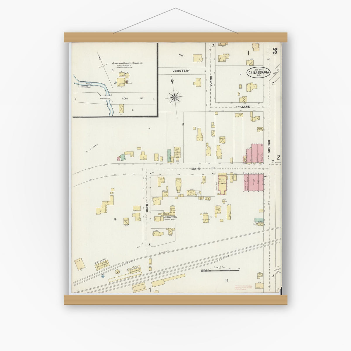 Old map wall art mockup — magnetic wood frame on white wall — Sanborn Fire Insurance Map from Canaseraga, Allegany County, New York (1897), Sheet #0003