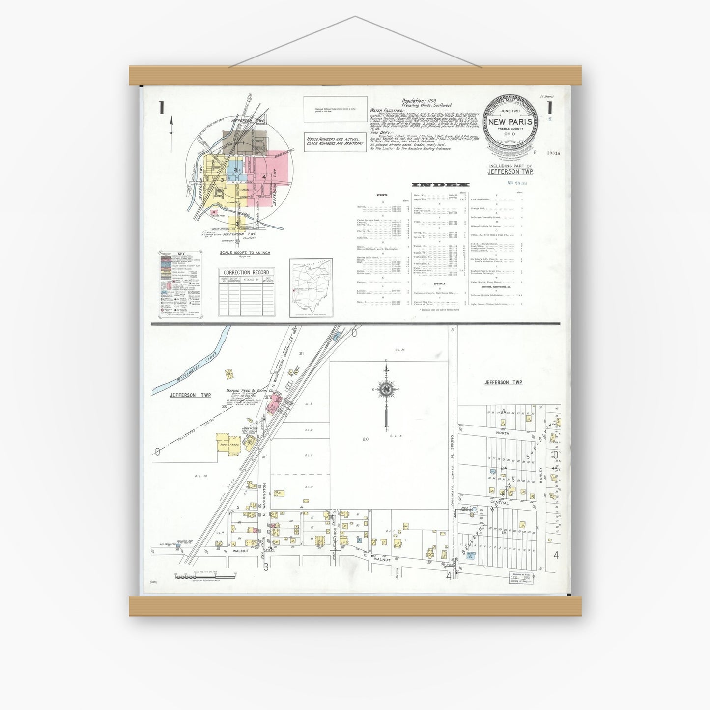 Old map wall art mockup — magnetic wood frame on white wall — Sanborn Fire Insurance Map from New Paris, Preble County, Ohio (1951), Sheet #0001