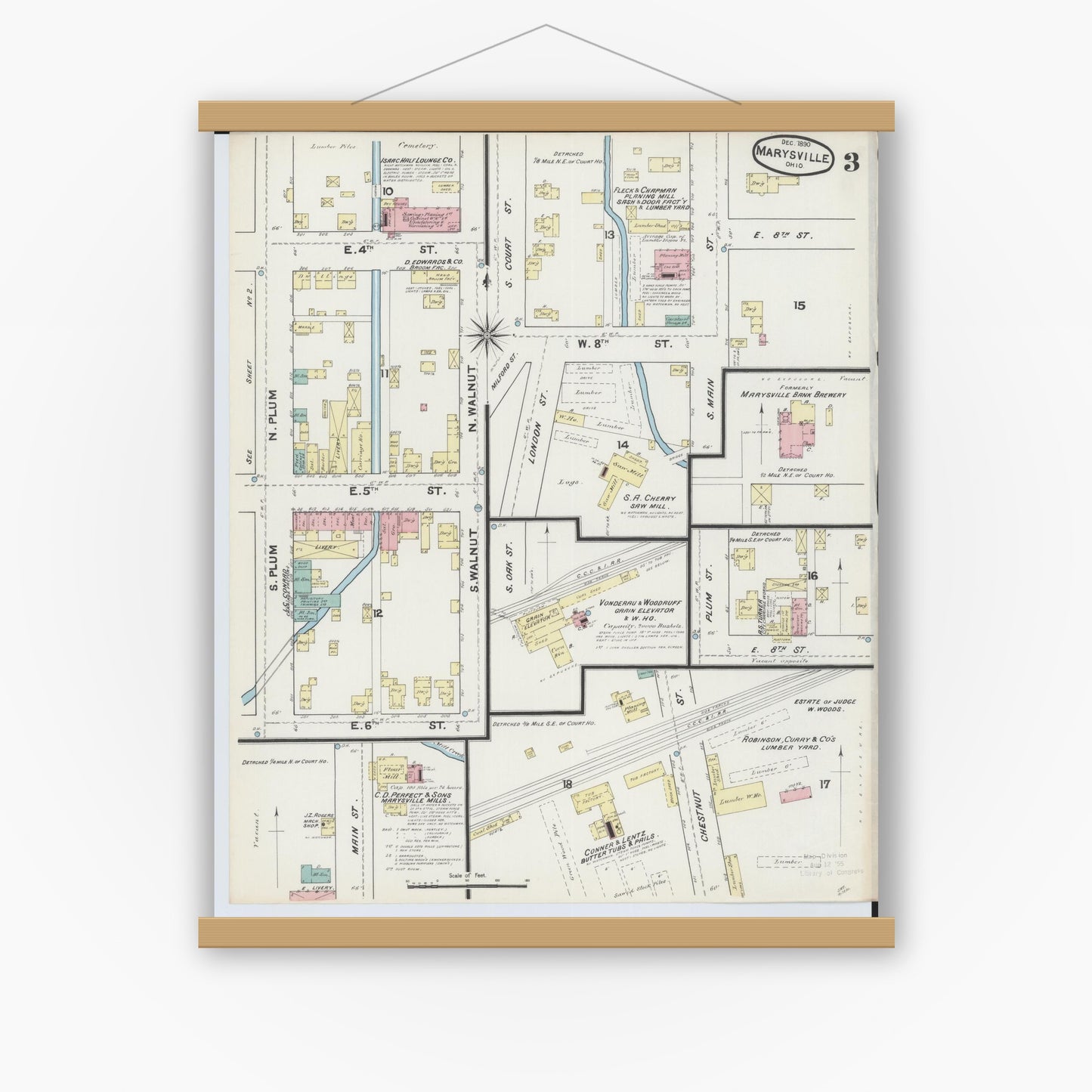 Old map wall art mockup — magnetic wood frame on white wall — Sanborn Fire Insurance Map from Marysville, Union County, Ohio (1890), Sheet #0003