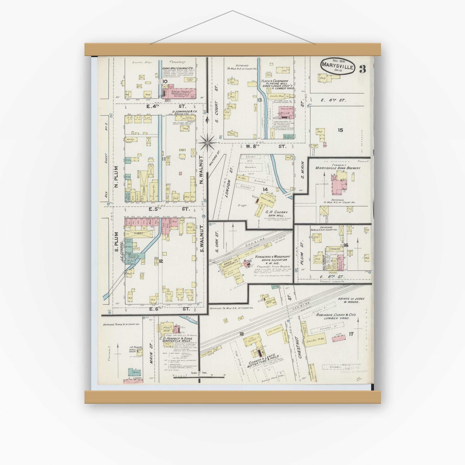 Old map wall art mockup — magnetic wood frame on white wall — Sanborn Fire Insurance Map from Marysville, Union County, Ohio (1890), Sheet #0003