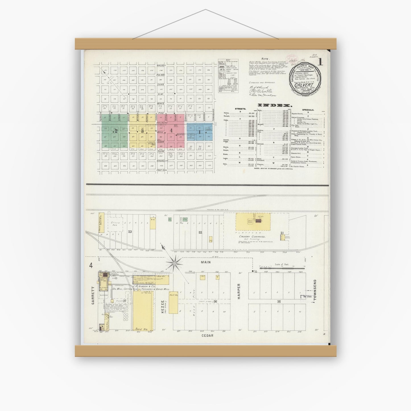 Old map wall art mockup — magnetic wood frame on white wall — Sanborn Fire Insurance Map from Calvert, Robertson County, Texas (1896), Sheet #0001
