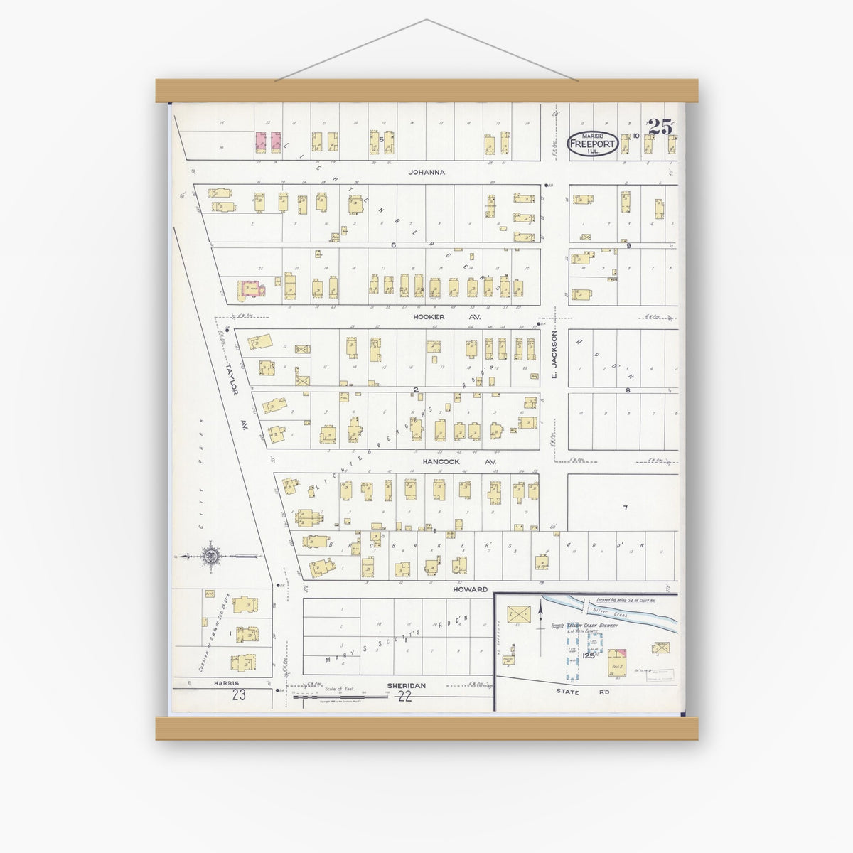 Old map wall art mockup — magnetic wood frame on white wall — Sanborn Fire Insurance Map from Freeport, Stephenson County, Illinois (1918), Sheet #0025