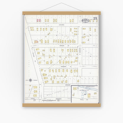 Old map wall art mockup — magnetic wood frame on white wall — Sanborn Fire Insurance Map from Freeport, Stephenson County, Illinois (1918), Sheet #0025