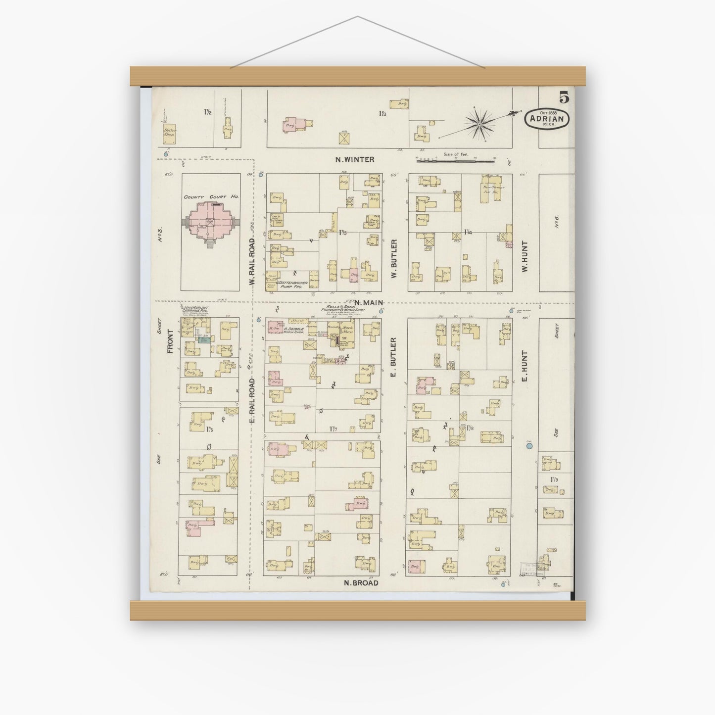 Old map wall art mockup — magnetic wood frame on white wall — Sanborn Fire Insurance Map from Adrian, Lenawee County, Michigan (1888), Sheet #0005