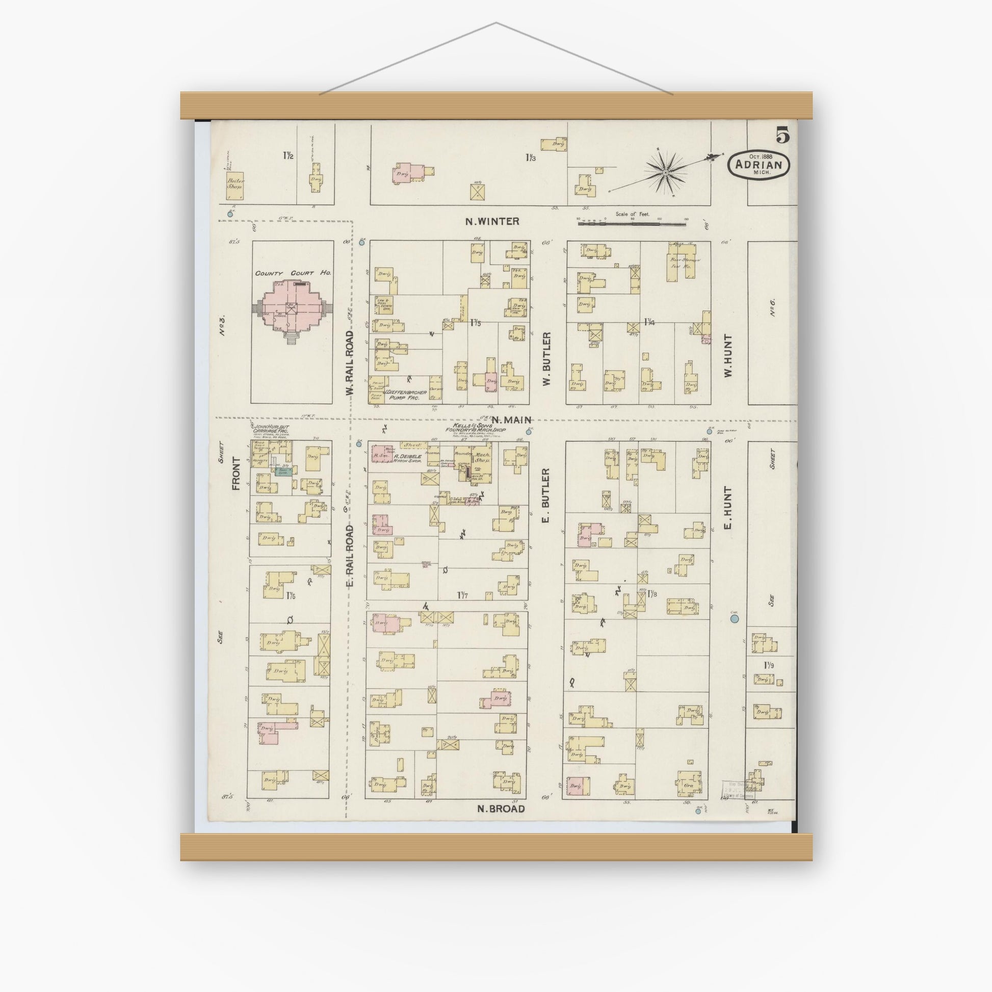 Old map wall art mockup — magnetic wood frame on white wall — Sanborn Fire Insurance Map from Adrian, Lenawee County, Michigan (1888), Sheet #0005