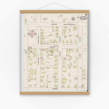 Old map wall art mockup — magnetic wood frame on white wall — Sanborn Fire Insurance Map from Adrian, Lenawee County, Michigan (1888), Sheet #0005
