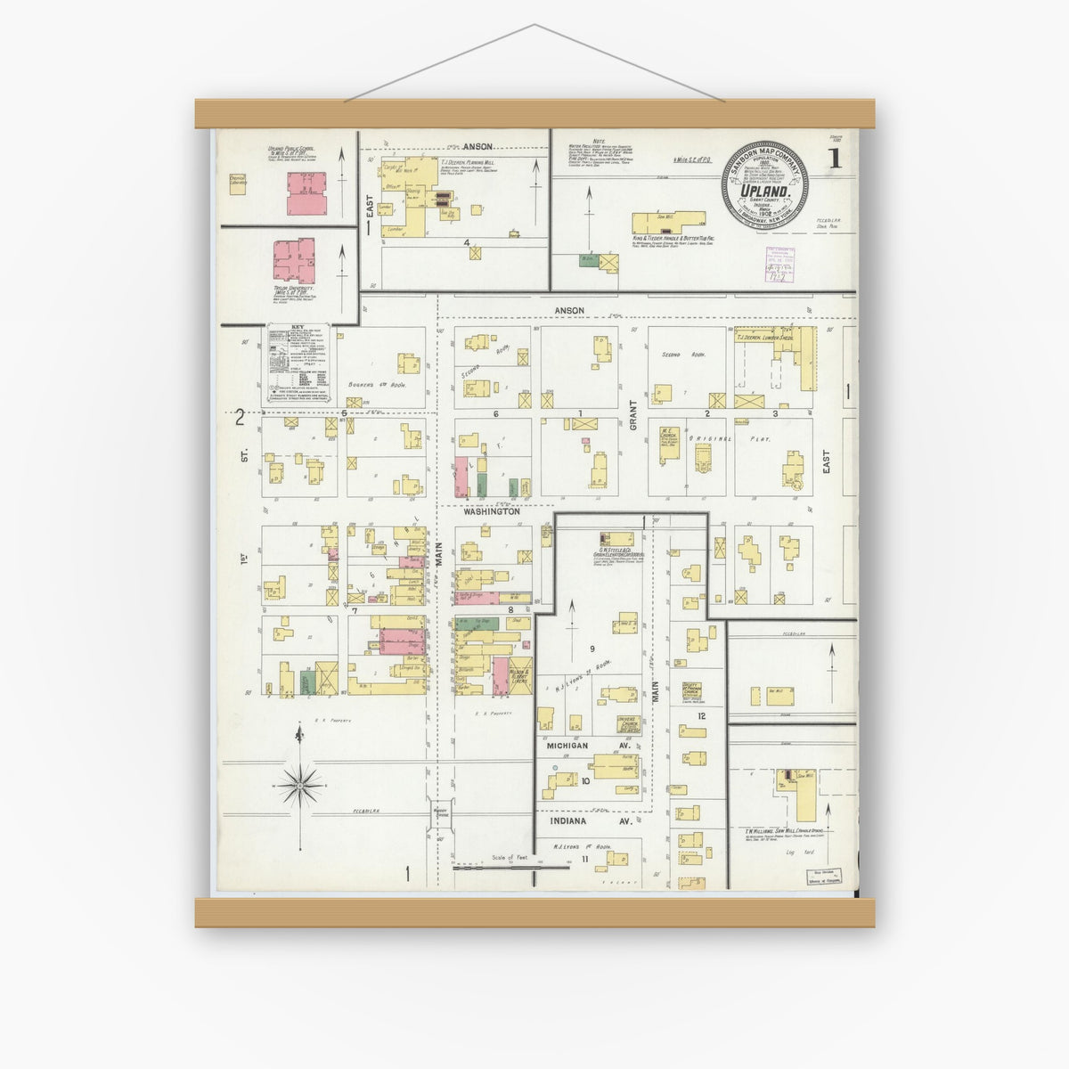Old map wall art mockup — magnetic wood frame on white wall — Sanborn Fire Insurance Map from Upland, Grant County, Indiana (1902), Sheet #0001
