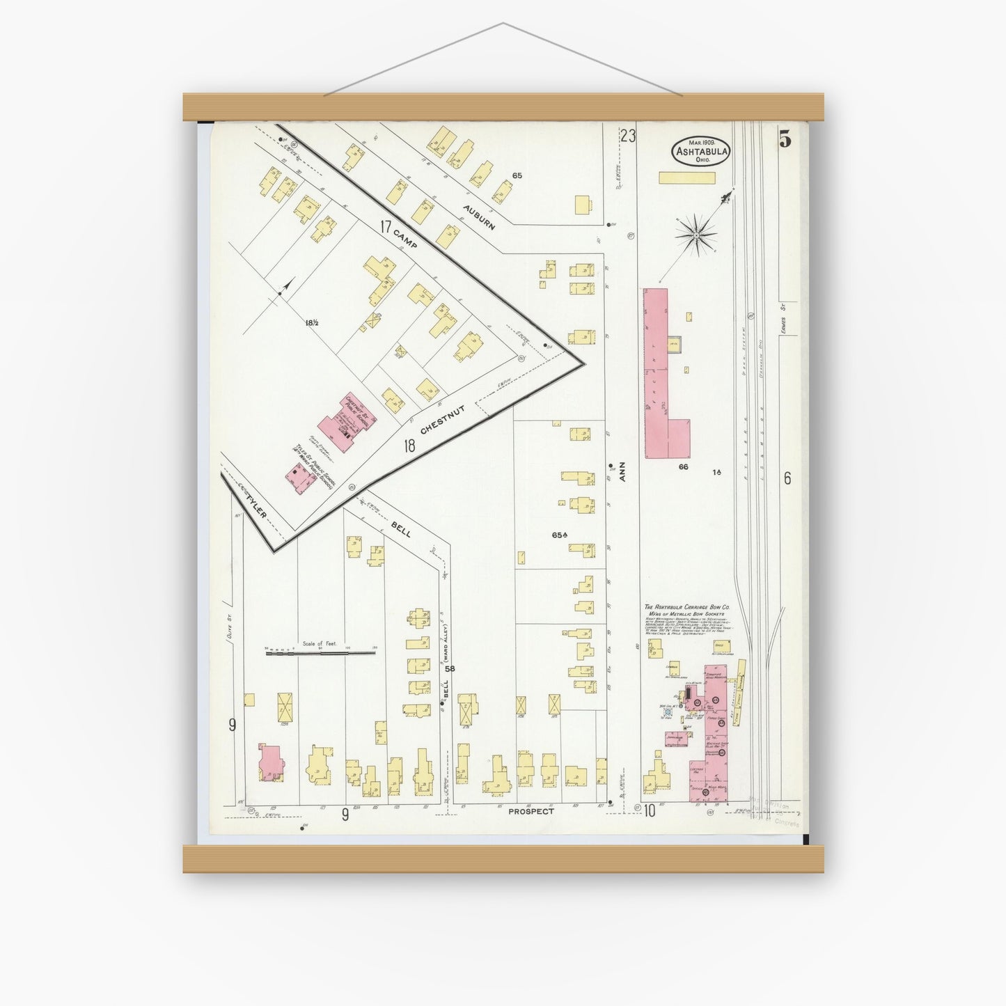 Old map wall art mockup — magnetic wood frame on white wall — Sanborn Fire Insurance Map from Ashtabula, Ashtabula County, Ohio (1909), Sheet #0005