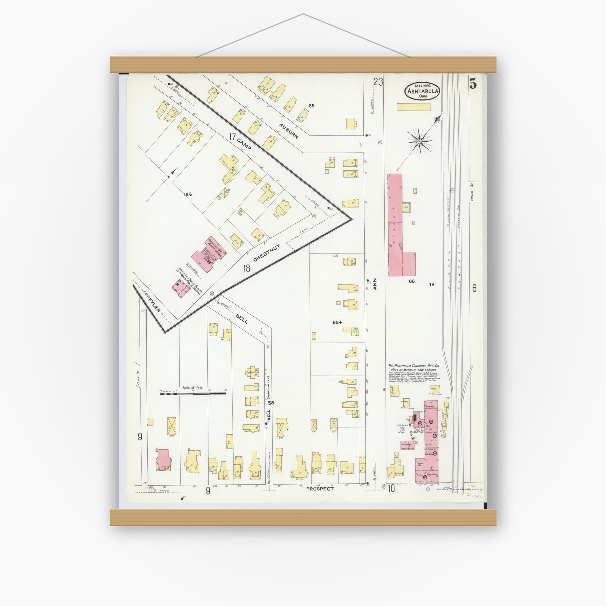 Old map wall art mockup — magnetic wood frame on white wall — Sanborn Fire Insurance Map from Ashtabula, Ashtabula County, Ohio (1909), Sheet #0005