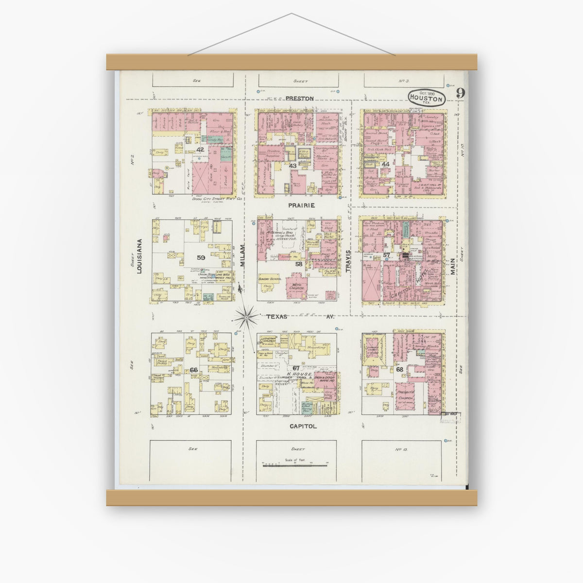Old map wall art mockup — magnetic wood frame on white wall — Sanborn Fire Insurance Map from Houston, Harris County, Texas (1890), Sheet #0009