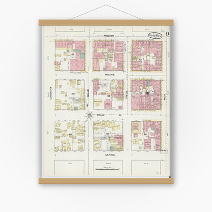 Old map wall art mockup — magnetic wood frame on white wall — Sanborn Fire Insurance Map from Houston, Harris County, Texas (1890), Sheet #0009