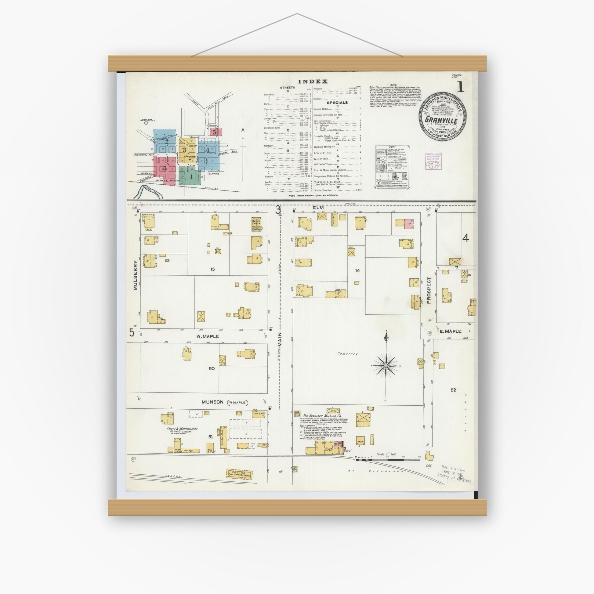 Old map wall art mockup — magnetic wood frame on white wall — Sanborn Fire Insurance Map from Granville, Licking County, Ohio (1905), Sheet #0001