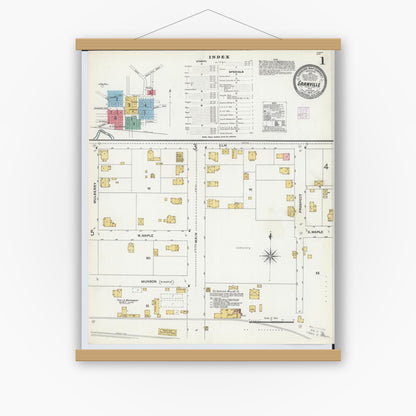 Old map wall art mockup — magnetic wood frame on white wall — Sanborn Fire Insurance Map from Granville, Licking County, Ohio (1905), Sheet #0001