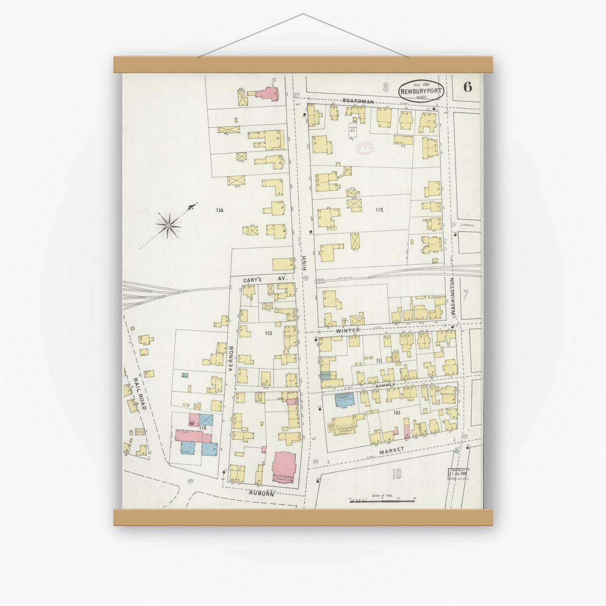 Old map wall art mockup — magnetic wood frame on white wall — Sanborn Fire Insurance Map from Newburyport, Essex County, Massachusetts (1894), Sheet #0006