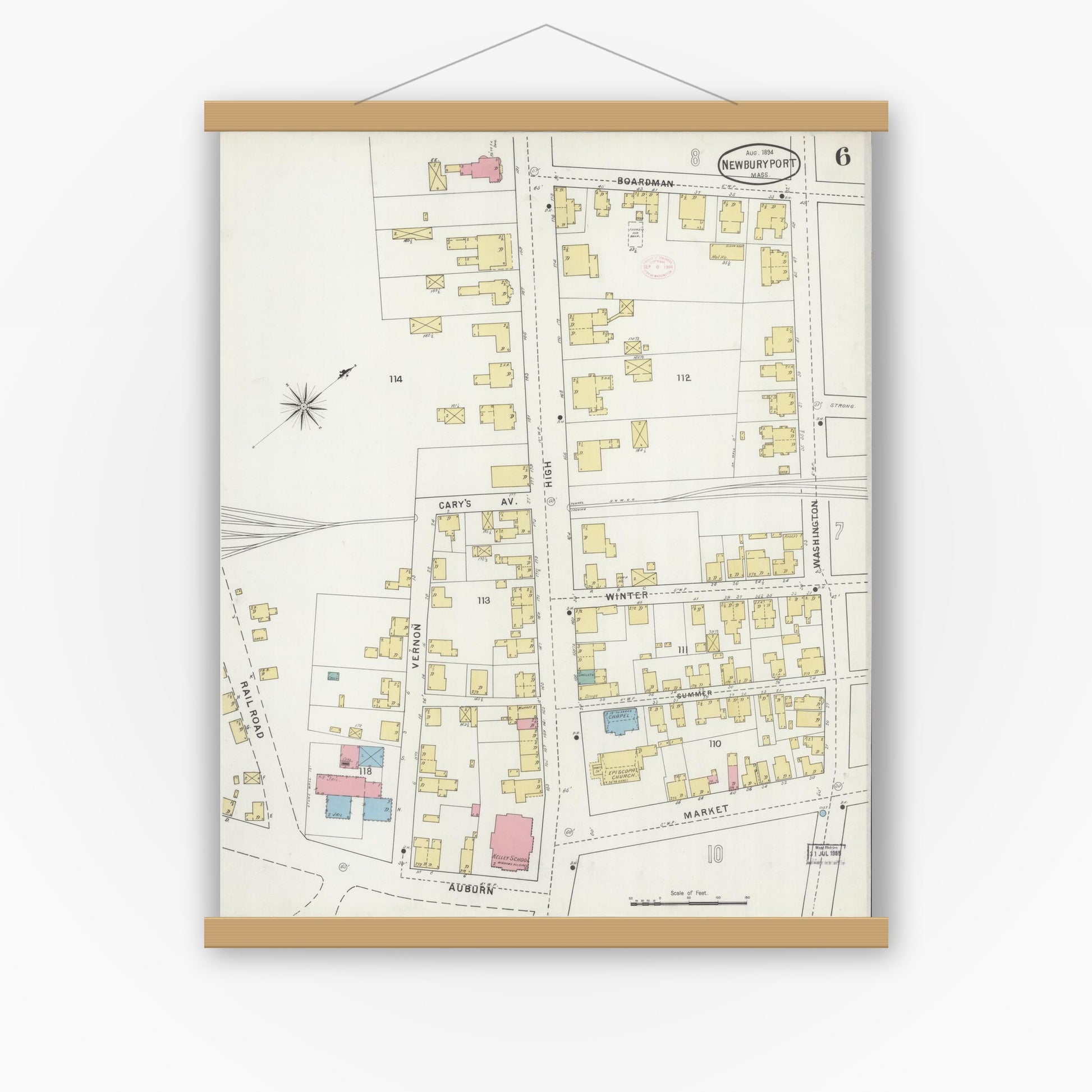 Old map wall art mockup — magnetic wood frame on white wall — Sanborn Fire Insurance Map from Newburyport, Essex County, Massachusetts (1894), Sheet #0006