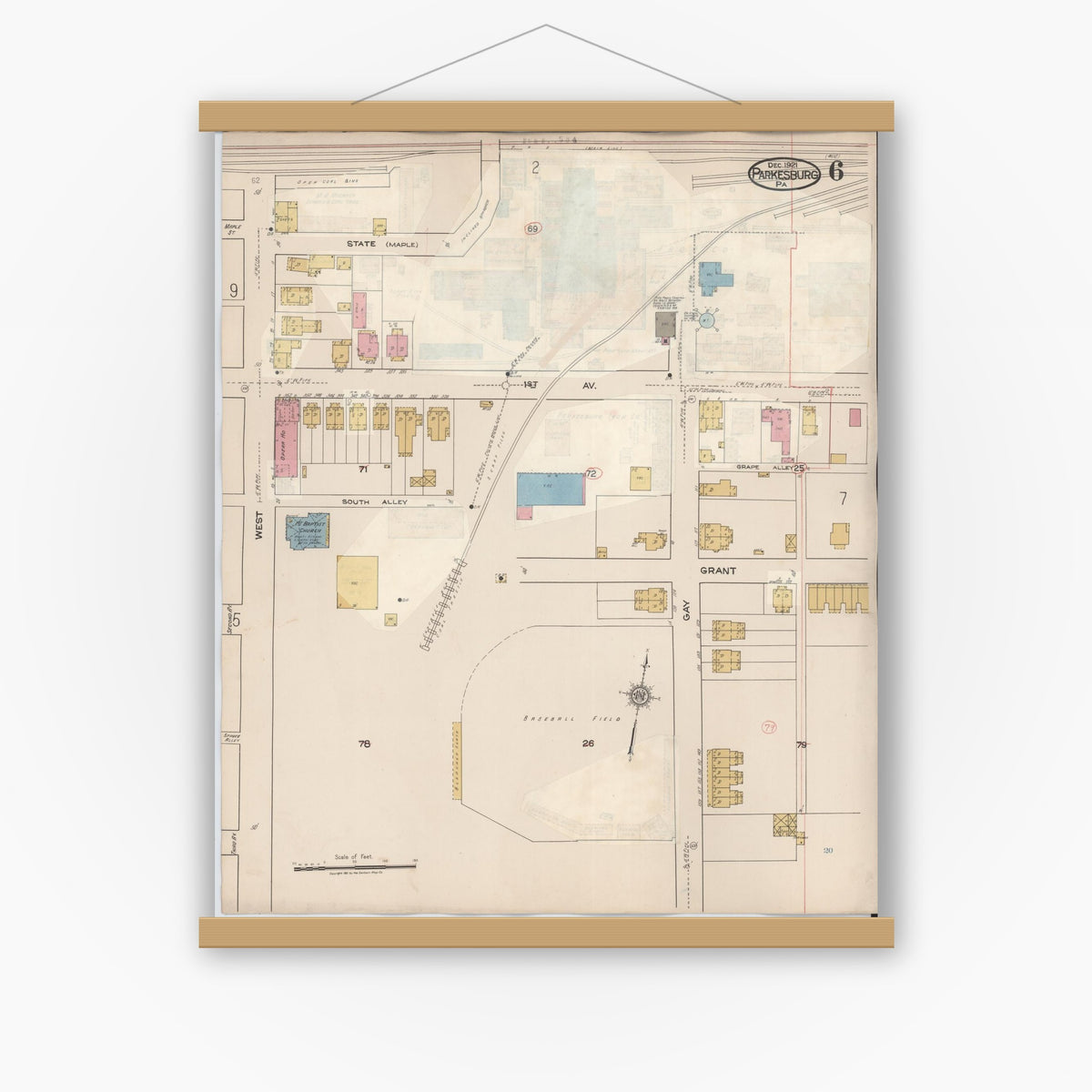 Old map wall art mockup — magnetic wood frame on white wall — Sanborn Fire Insurance Map from Parkesburg, Chester County, Pennsylvania (1934), Sheet #0006