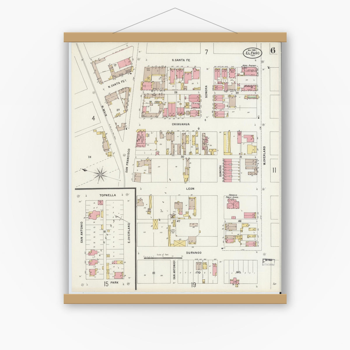Old map wall art mockup — magnetic wood frame on white wall — Sanborn Fire Insurance Map from El Paso, El Paso County, Texas (1898), Sheet #0006