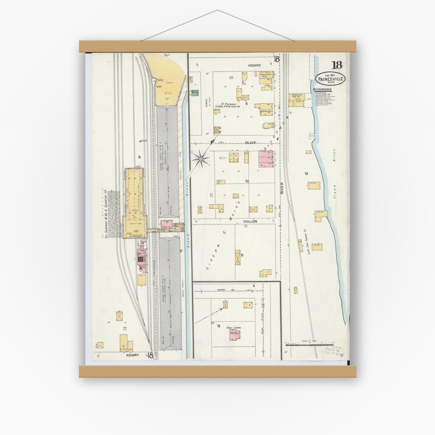 Old map wall art mockup — magnetic wood frame on white wall — Sanborn Fire Insurance Map from Painesville, Lake County, Ohio (1904), Sheet #0018