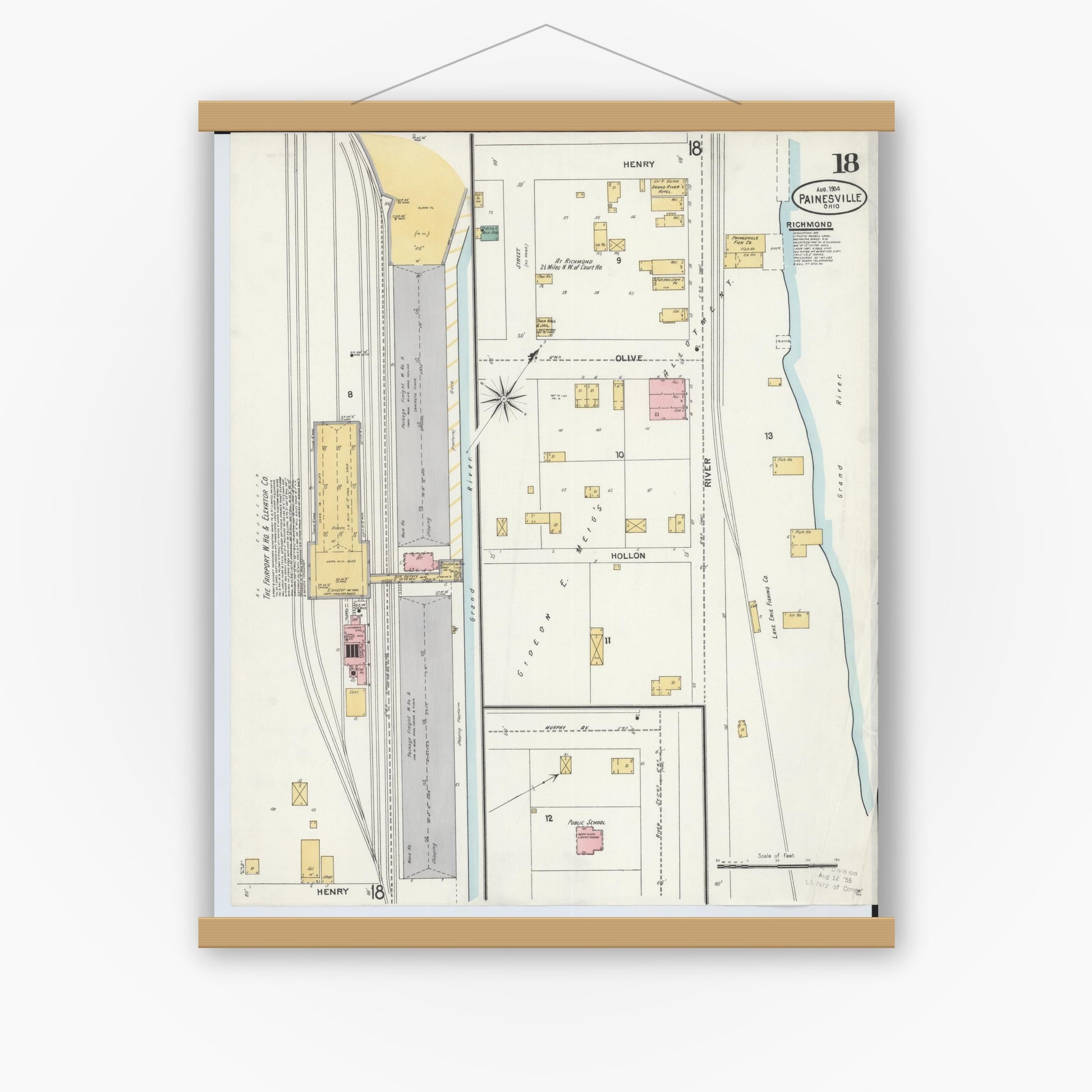 Old map wall art mockup — magnetic wood frame on white wall — Sanborn Fire Insurance Map from Painesville, Lake County, Ohio (1904), Sheet #0018
