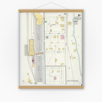 Old map wall art mockup — magnetic wood frame on white wall — Sanborn Fire Insurance Map from Painesville, Lake County, Ohio (1904), Sheet #0018