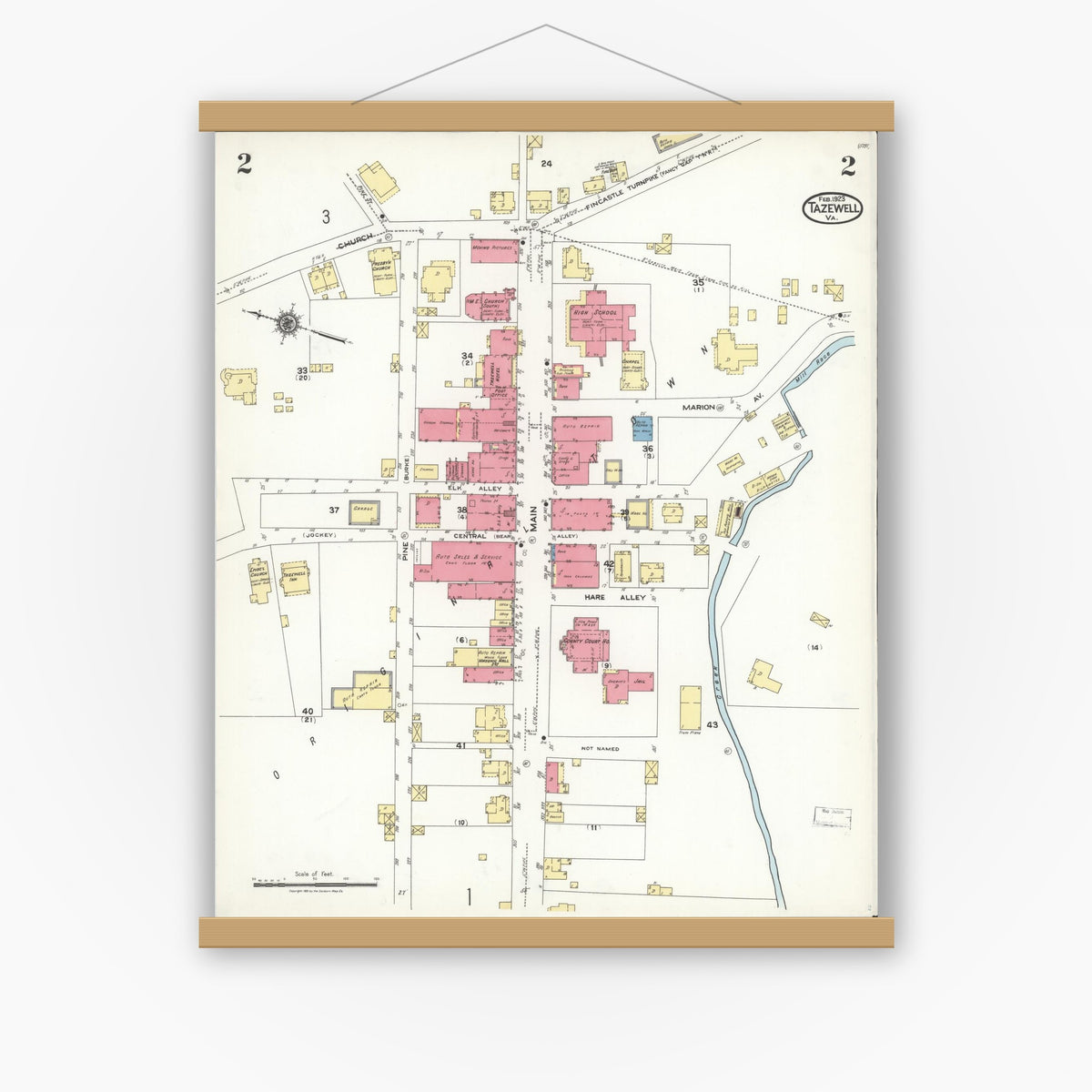 Old map wall art mockup — magnetic wood frame on white wall — Sanborn Fire Insurance Map from Tazewell, Tazewell County, Virginia (1923), Sheet #0002