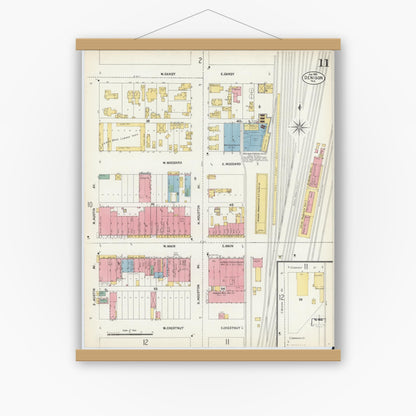Old map wall art mockup — magnetic wood frame on white wall — Sanborn Fire Insurance Map from Denison, Grayson County, Texas (1903), Sheet #0011