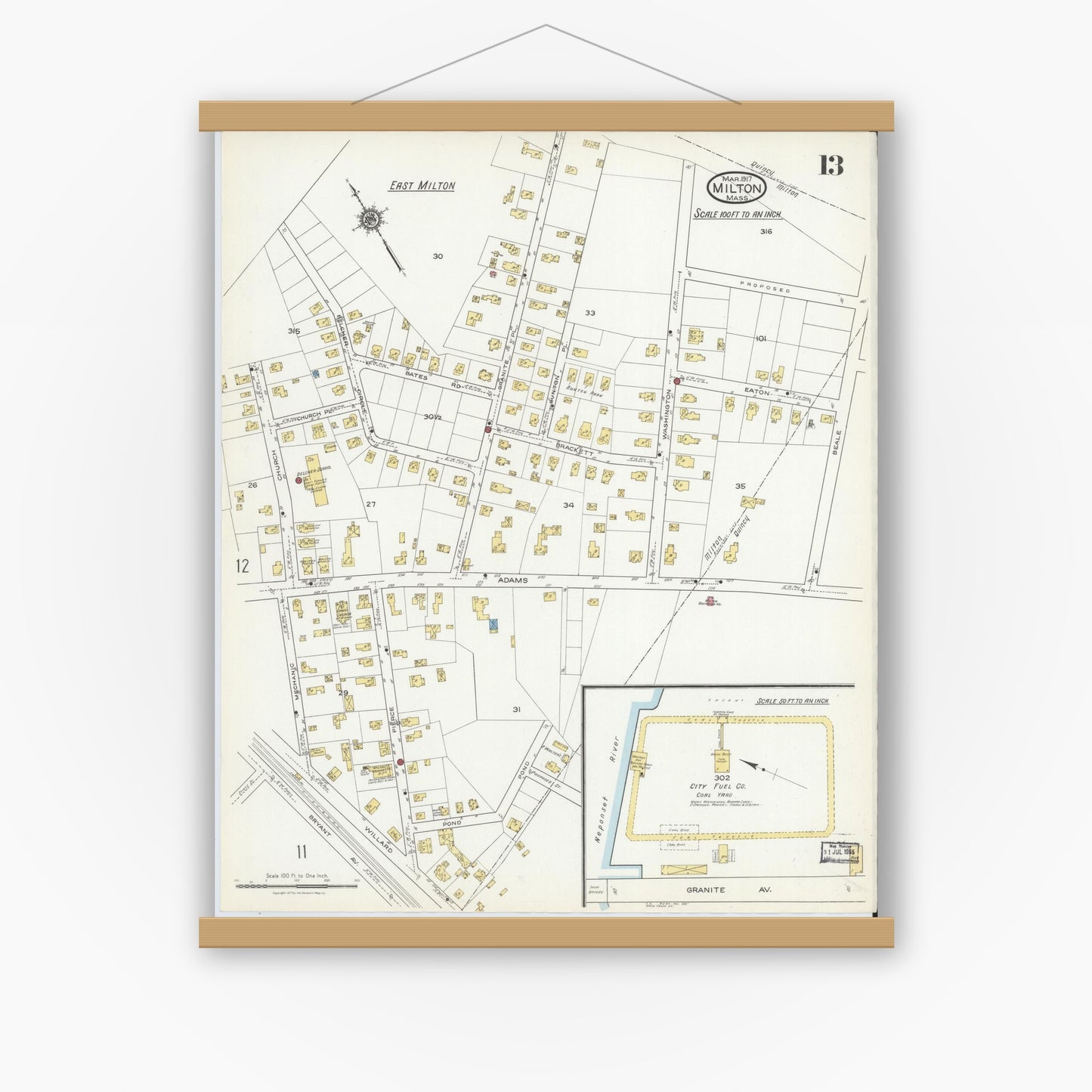 Old map wall art mockup — magnetic wood frame on white wall — Sanborn Fire Insurance Map from Milton, Norfolk County, Massachusetts (1917), Sheet #0013
