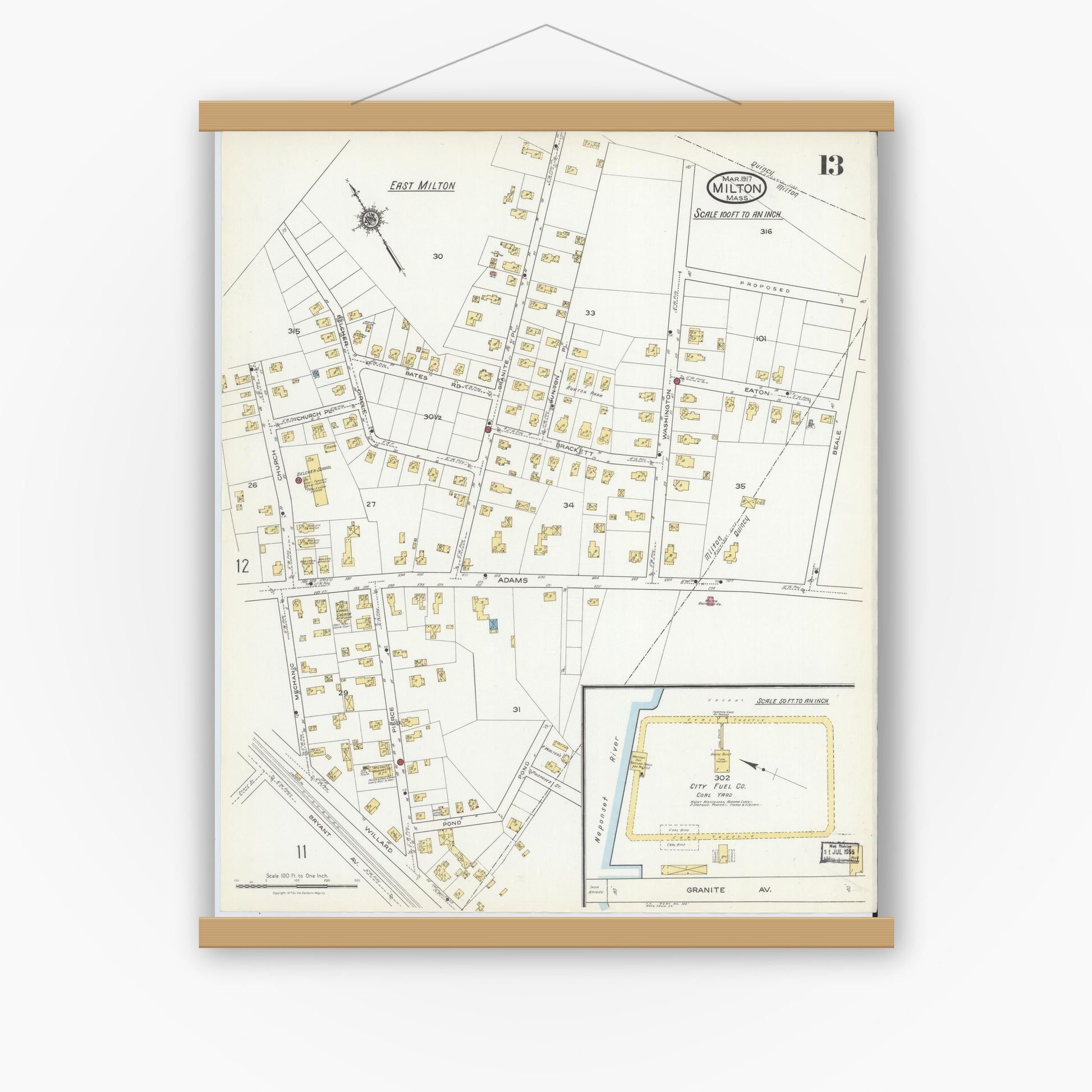 Old map wall art mockup — magnetic wood frame on white wall — Sanborn Fire Insurance Map from Milton, Norfolk County, Massachusetts (1917), Sheet #0013