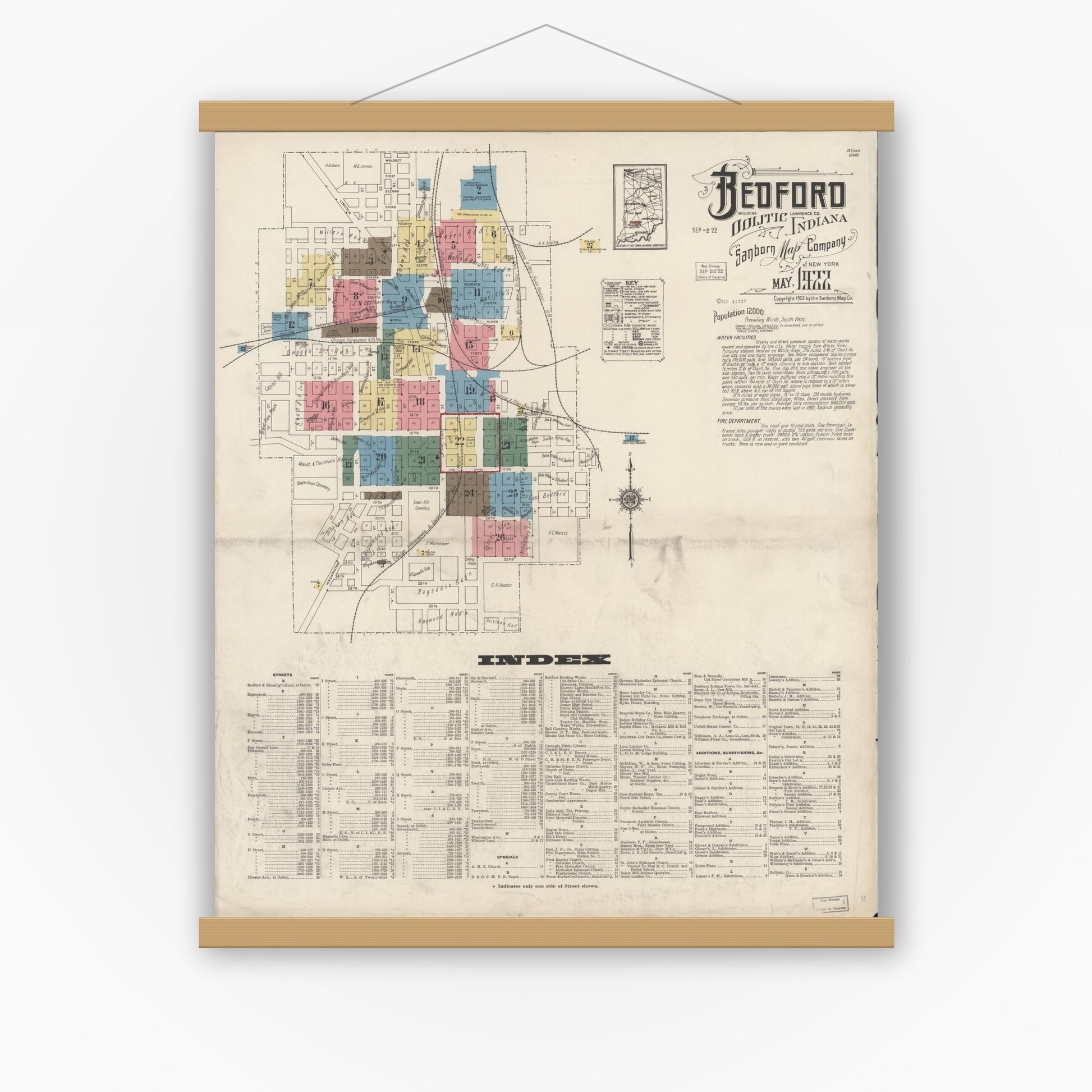 Old map wall art mockup — magnetic wood frame on white wall — Sanborn Fire Insurance Map from Bedford, Lawrence County, Indiana (1922) - Complete Map Set
