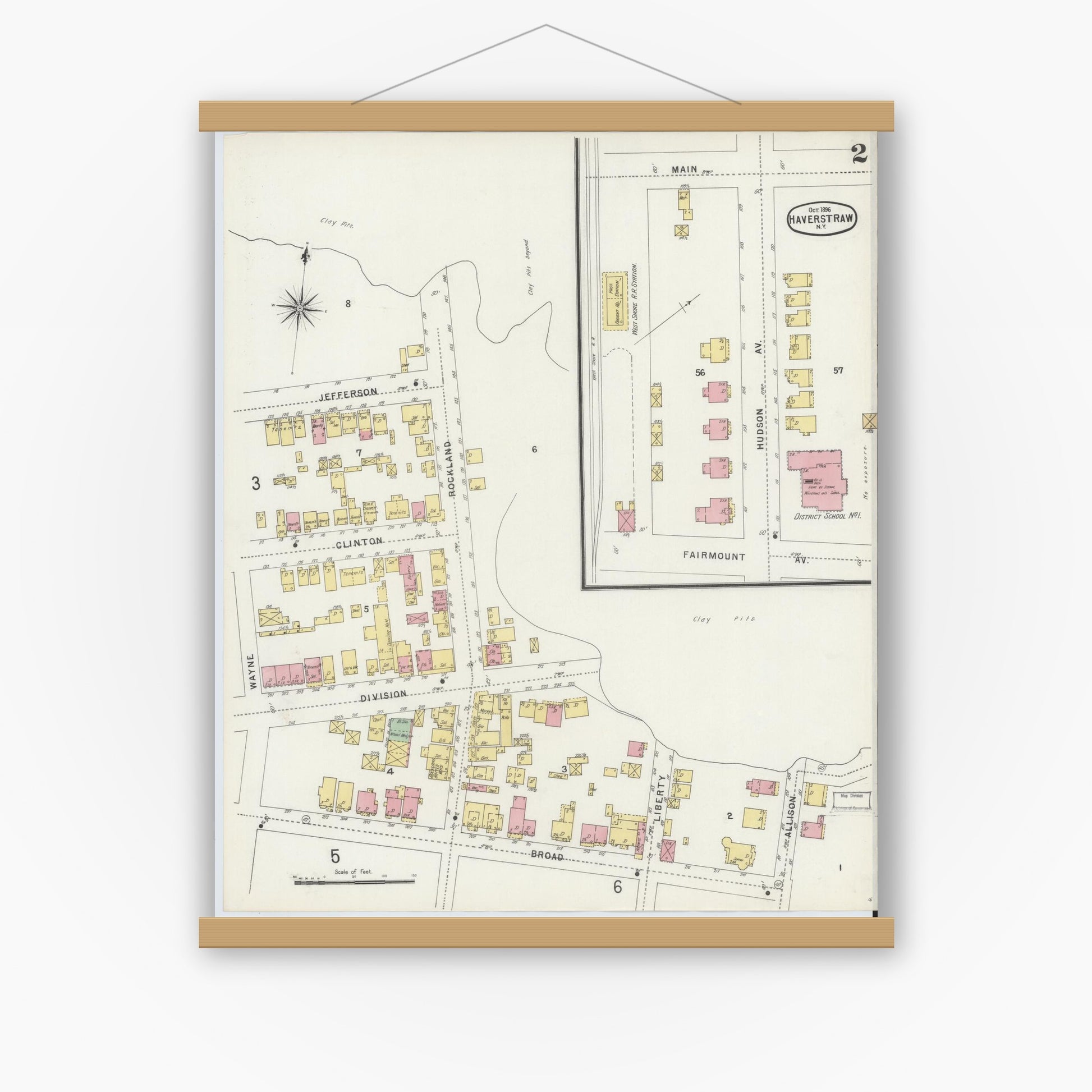 Old map wall art mockup — magnetic wood frame on white wall — Sanborn Fire Insurance Map from Haverstraw, Rockland County, New York (1896), Sheet #0002