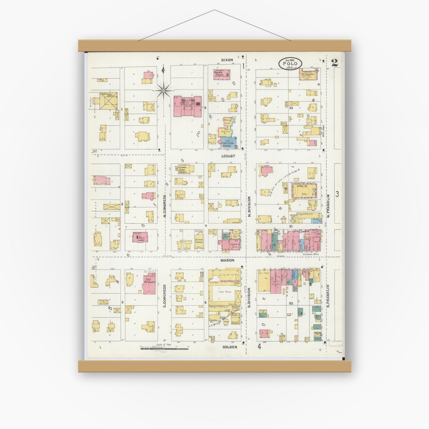 Old map wall art mockup — magnetic wood frame on white wall — Sanborn Fire Insurance Map from Polo, Ogle County, Illinois (1905), Sheet #0002