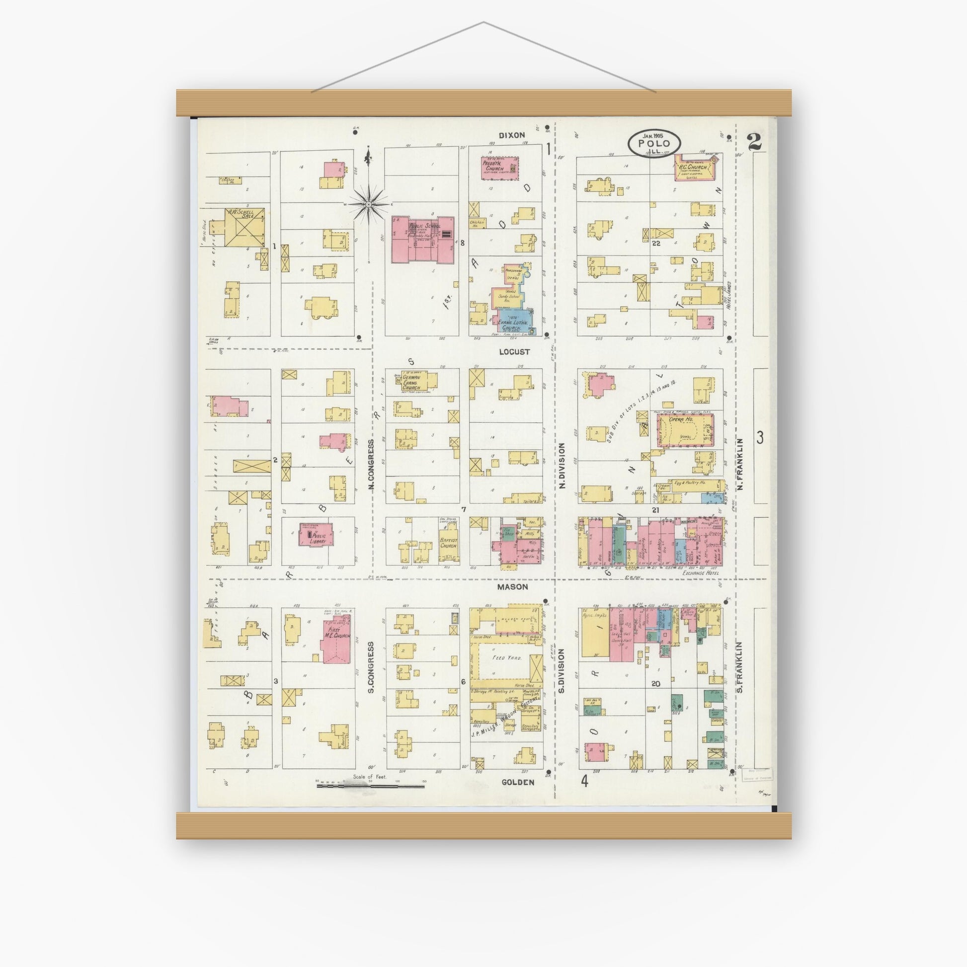 Old map wall art mockup — magnetic wood frame on white wall — Sanborn Fire Insurance Map from Polo, Ogle County, Illinois (1905), Sheet #0002