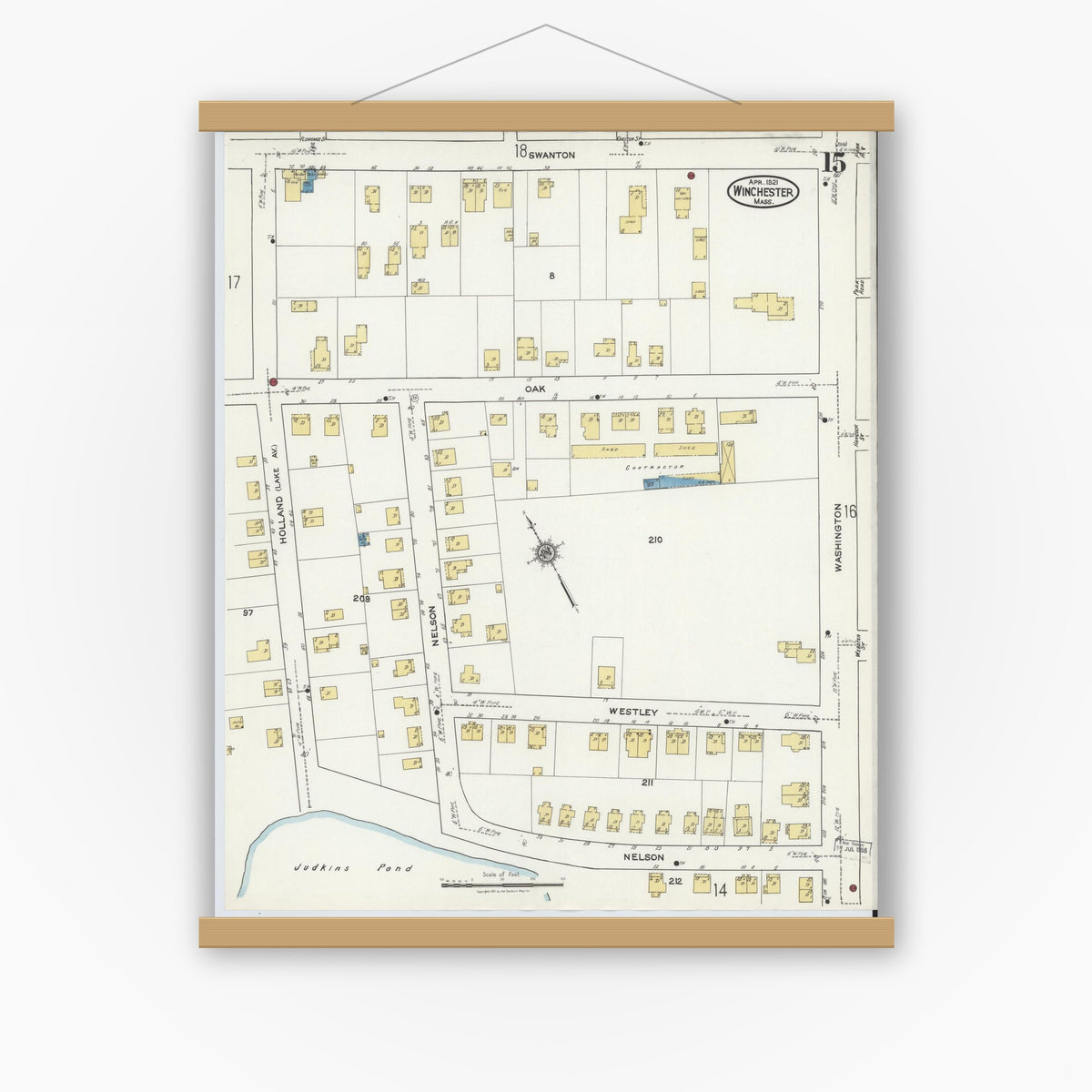 Old map wall art mockup — magnetic wood frame on white wall — Sanborn Fire Insurance Map from Winchester, Middlesex County, Massachusetts (1921), Sheet #0015