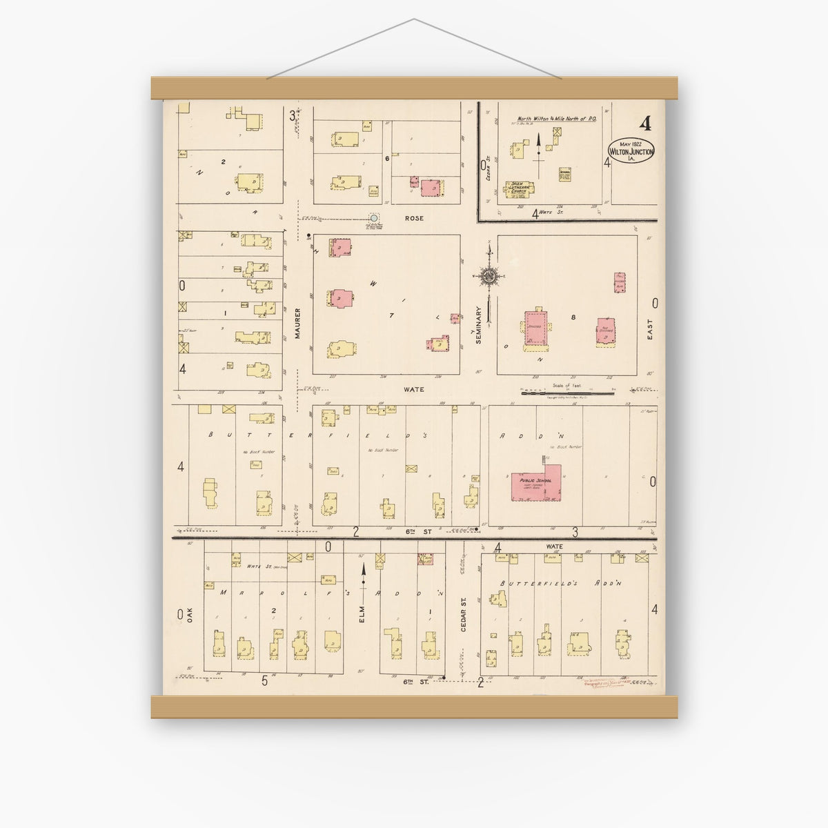 Old map wall art mockup — magnetic wood frame on white wall — Sanborn Fire Insurance Map from Wilton Junction, Muscatine County, Iowa (1922), Sheet #0004