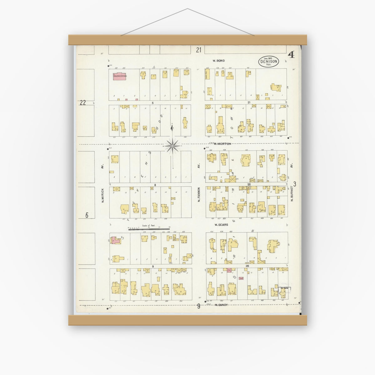 Old map wall art mockup — magnetic wood frame on white wall — Sanborn Fire Insurance Map from Denison, Grayson County, Texas (1903), Sheet #0004