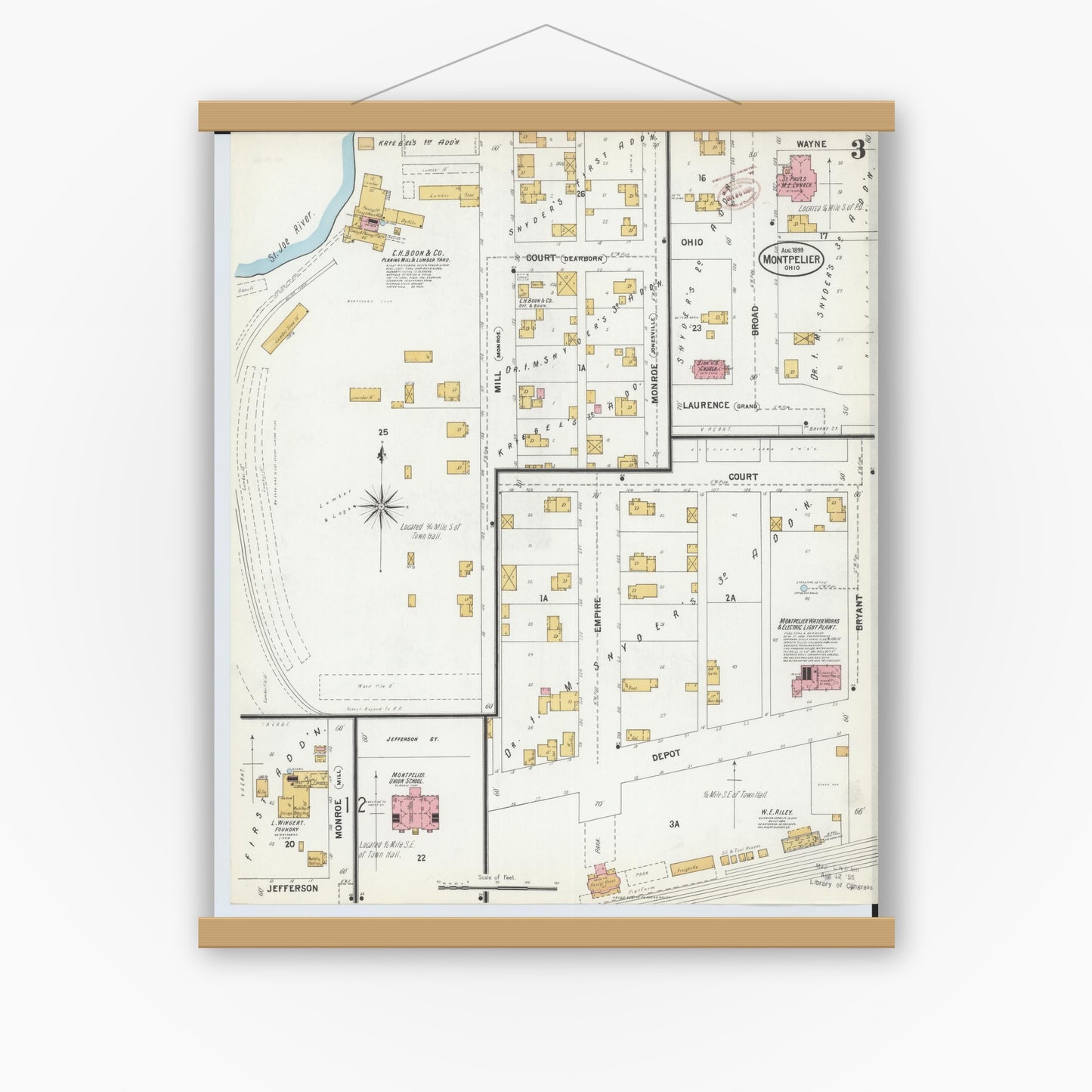 Old map wall art mockup — magnetic wood frame on white wall — Sanborn Fire Insurance Map from Montpelier, Williams County, Ohio (1899), Sheet #0003