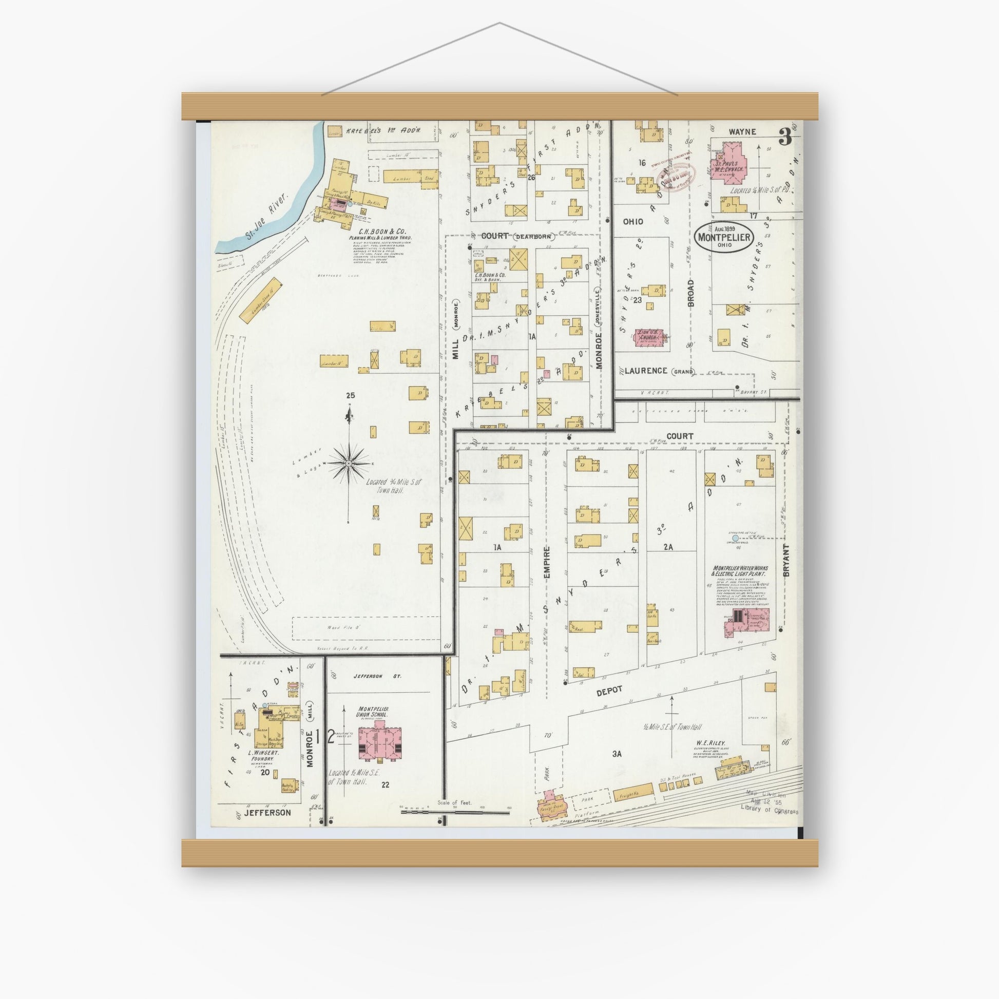 Old map wall art mockup — magnetic wood frame on white wall — Sanborn Fire Insurance Map from Montpelier, Williams County, Ohio (1899), Sheet #0003