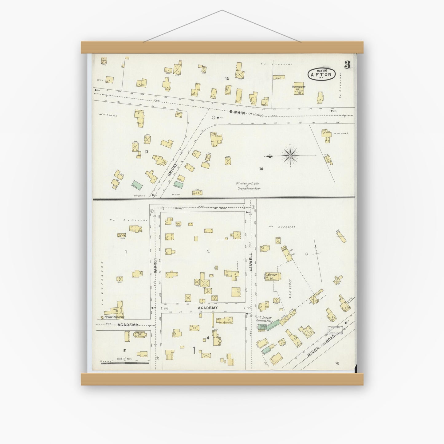 Old map wall art mockup — magnetic wood frame on white wall — Sanborn Fire Insurance Map from Afton, Chenango County, New York (1897), Sheet #0003