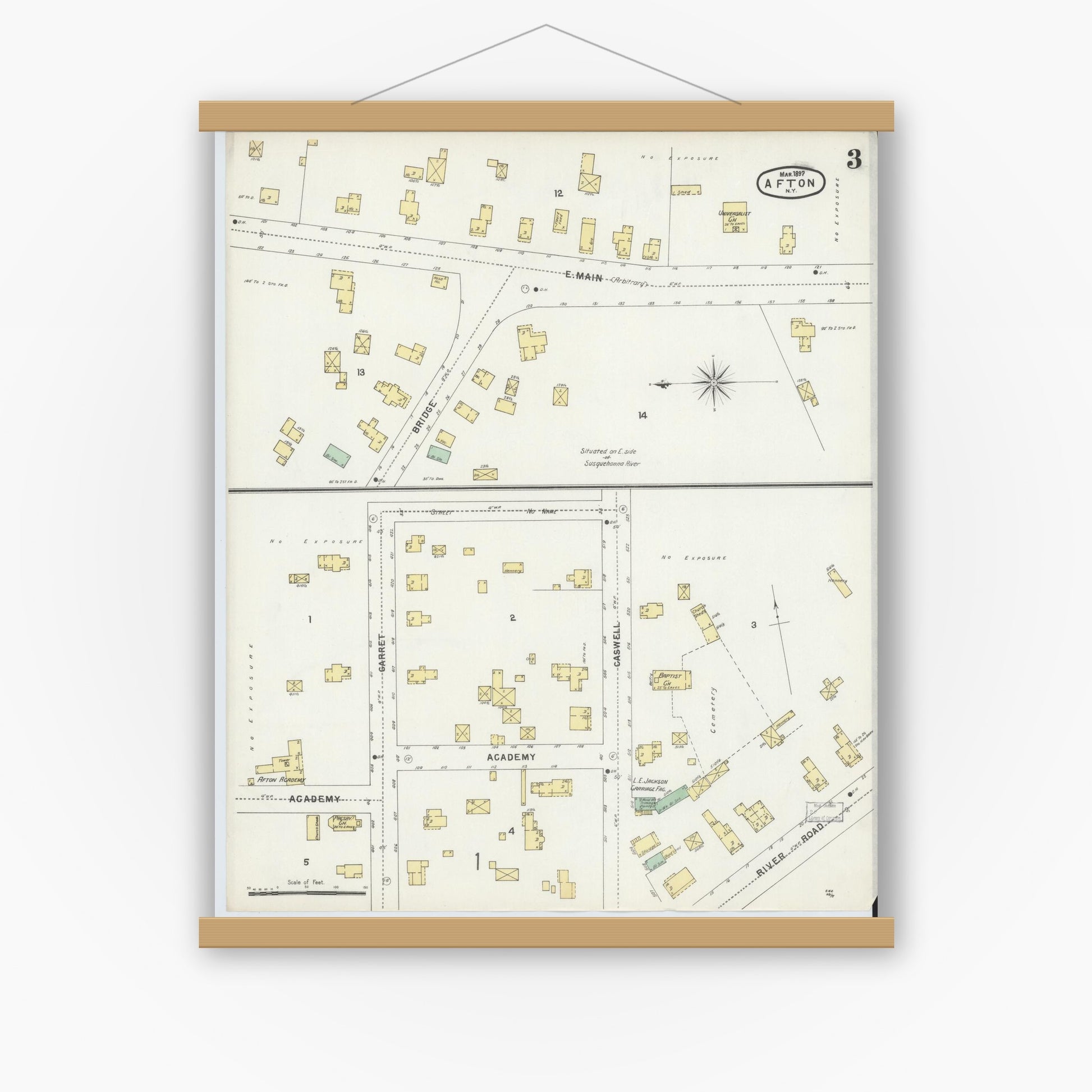 Old map wall art mockup — magnetic wood frame on white wall — Sanborn Fire Insurance Map from Afton, Chenango County, New York (1897), Sheet #0003