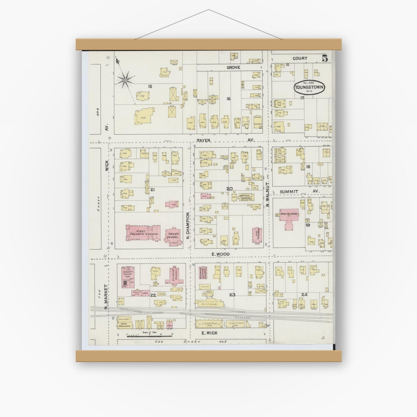 Old map wall art mockup — magnetic wood frame on white wall — Sanborn Fire Insurance Map from Youngstown, Mahoning County, Ohio (1889), Sheet #0005
