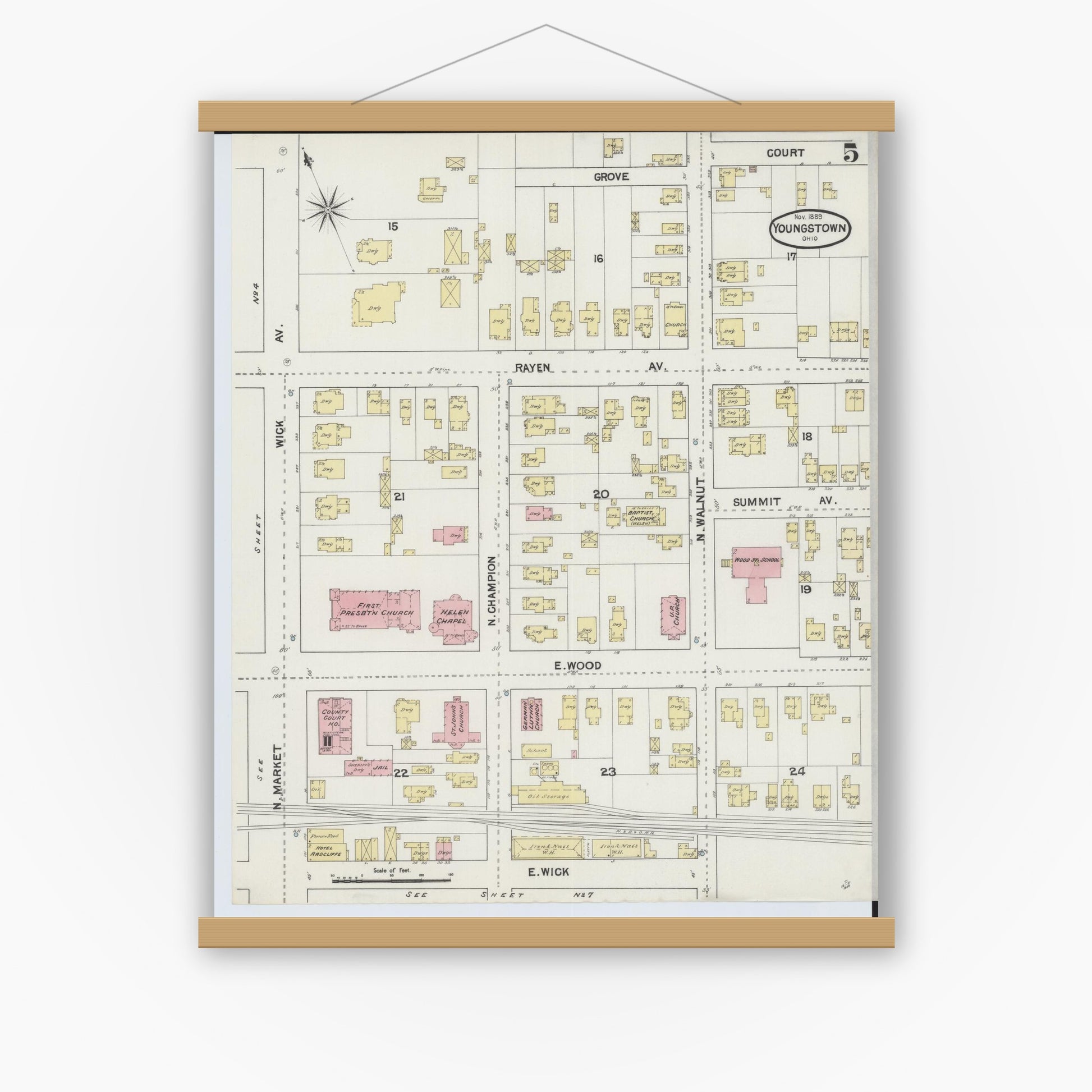 Old map wall art mockup — magnetic wood frame on white wall — Sanborn Fire Insurance Map from Youngstown, Mahoning County, Ohio (1889), Sheet #0005