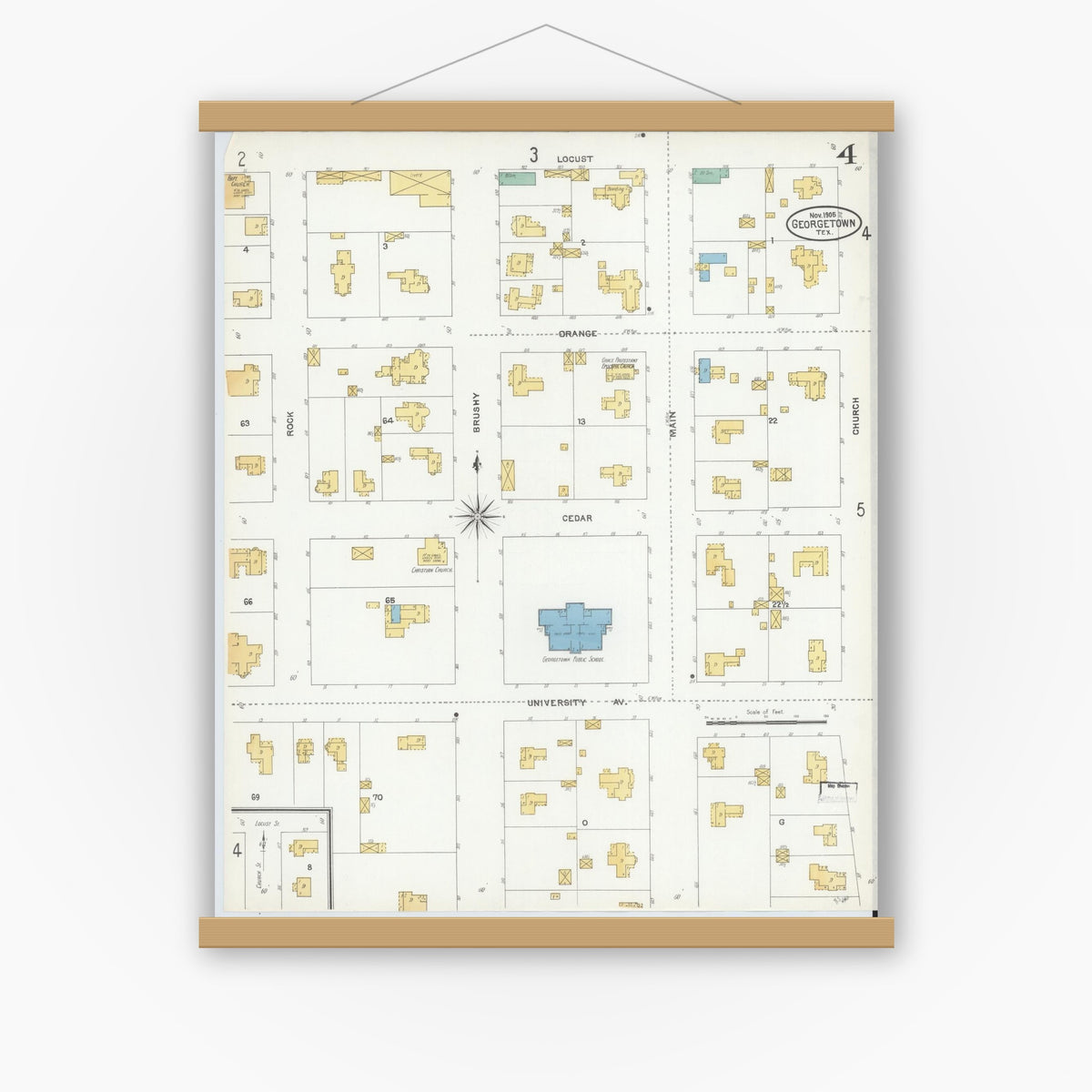 Old map wall art mockup — magnetic wood frame on white wall — Sanborn Fire Insurance Map from Georgetown, Williamson County, Texas (1905), Sheet #0004