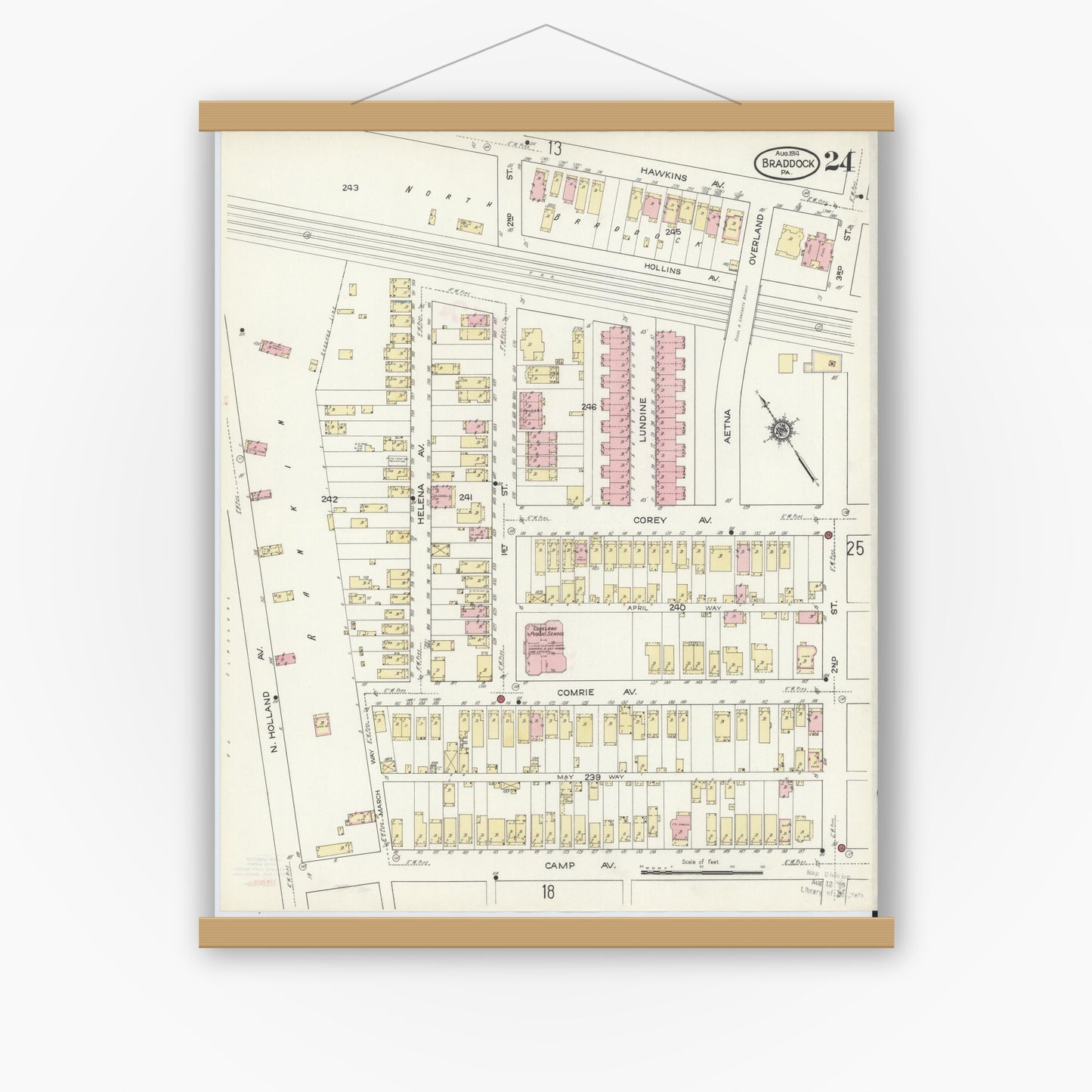 Old map wall art mockup — magnetic wood frame on white wall — Sanborn Fire Insurance Map from Braddock, Allegheny County, Pennsylvania (1914), Sheet #0024
