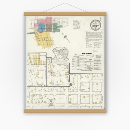 Old map wall art mockup — magnetic wood frame on white wall — Sanborn Fire Insurance Map from Forney, Kaufman County, Texas (1919), Sheet #0001