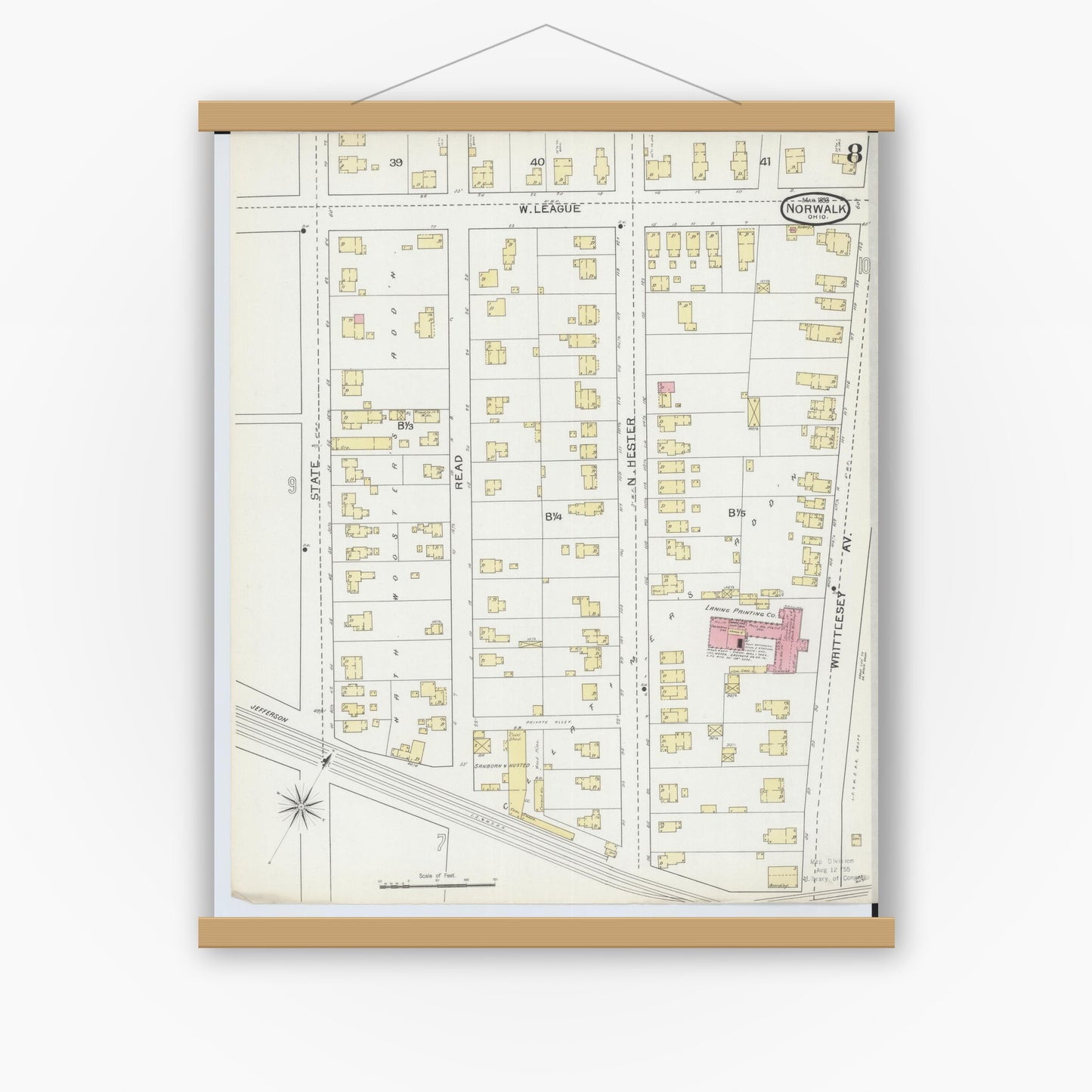 Old map wall art mockup — magnetic wood frame on white wall — Sanborn Fire Insurance Map from Norwalk, Huron County, Ohio (1893), Sheet #0008