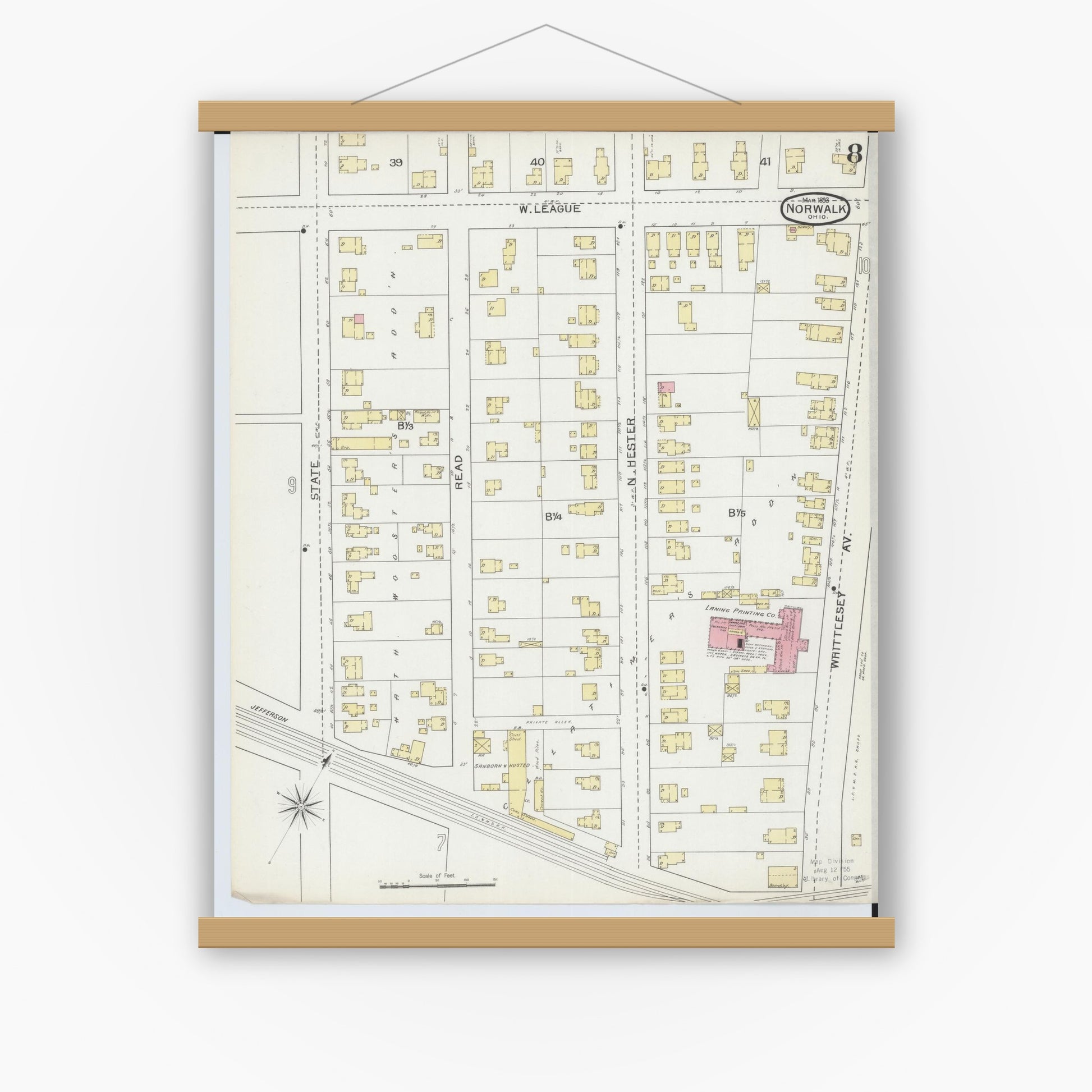 Old map wall art mockup — magnetic wood frame on white wall — Sanborn Fire Insurance Map from Norwalk, Huron County, Ohio (1893), Sheet #0008