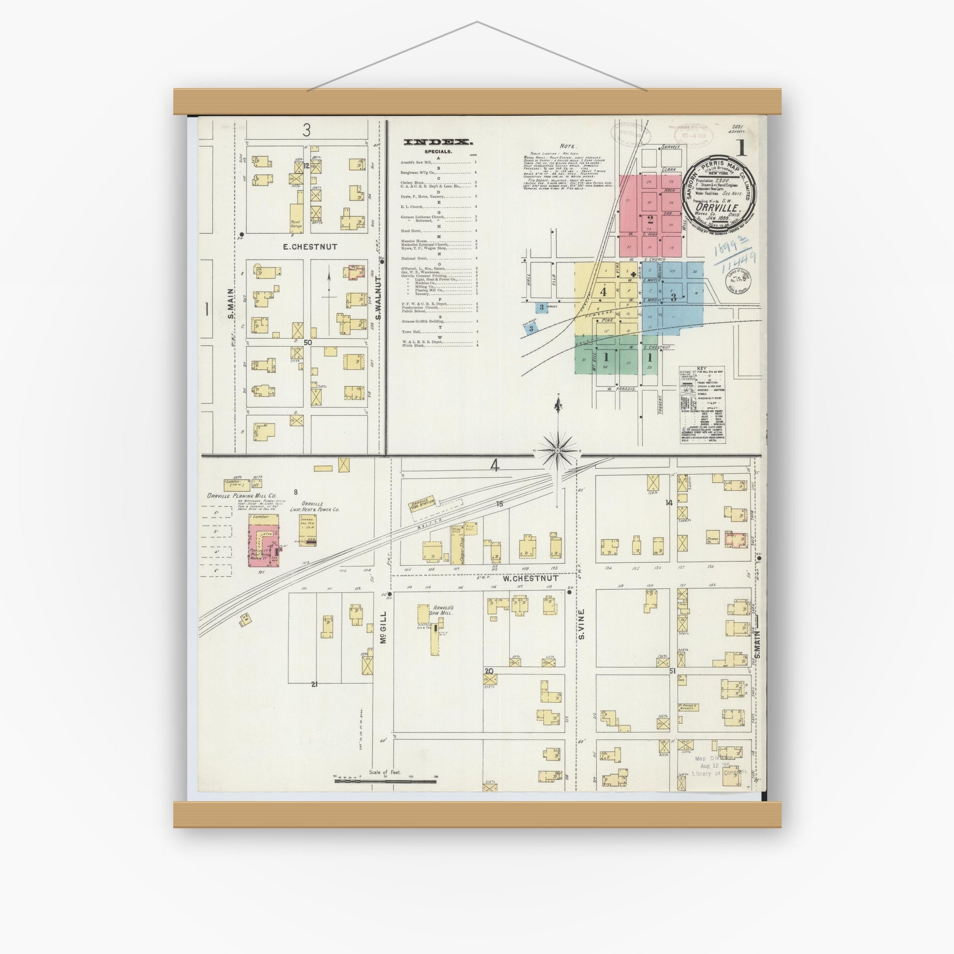 Old map wall art mockup — magnetic wood frame on white wall — Sanborn Fire Insurance Map from Orrville, Wayne County, Ohio (1899) - Complete Map Set
