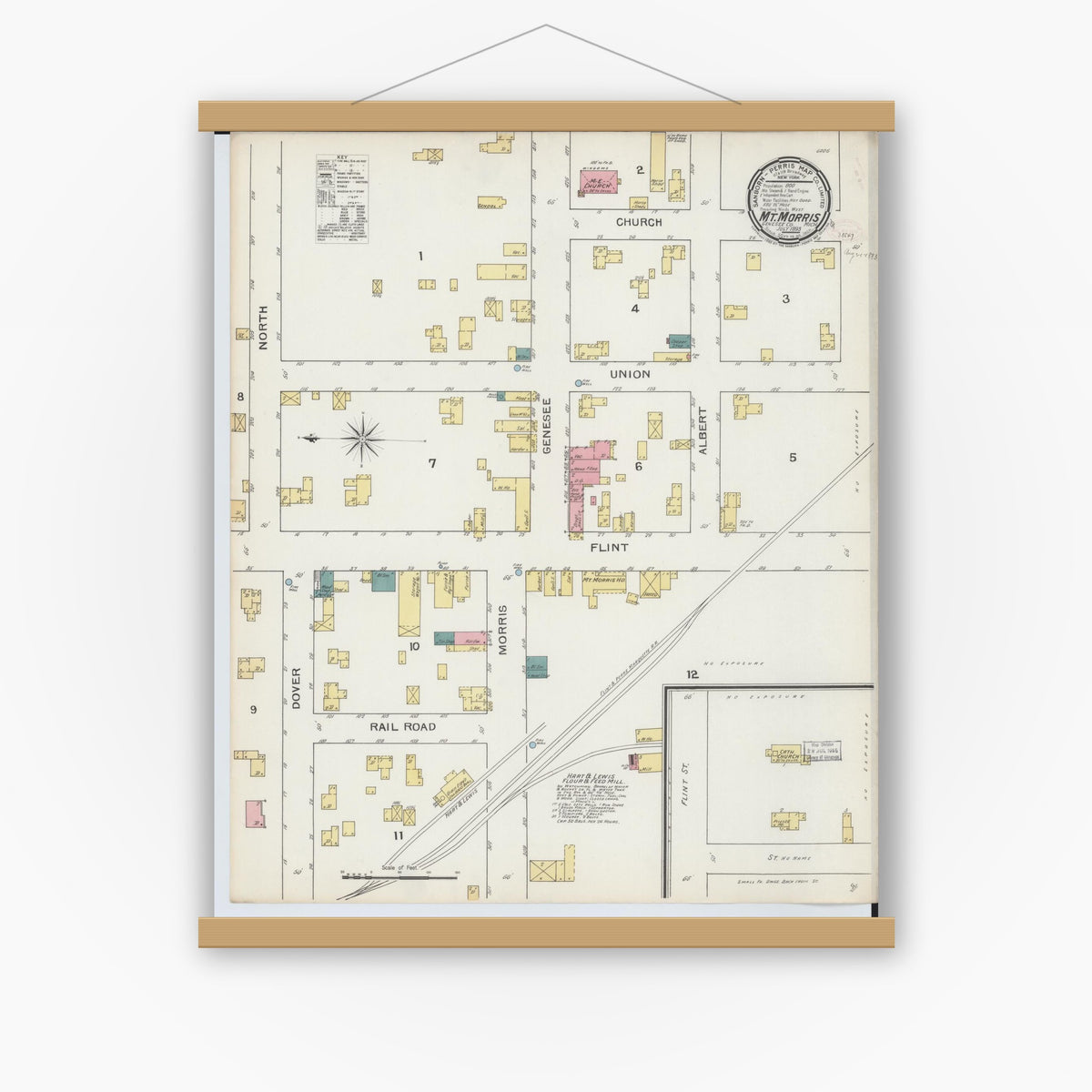 Old map wall art mockup — magnetic wood frame on white wall — Sanborn Fire Insurance Map from Mount Morris, Genesee County, Michigan (1893), Sheet #0001